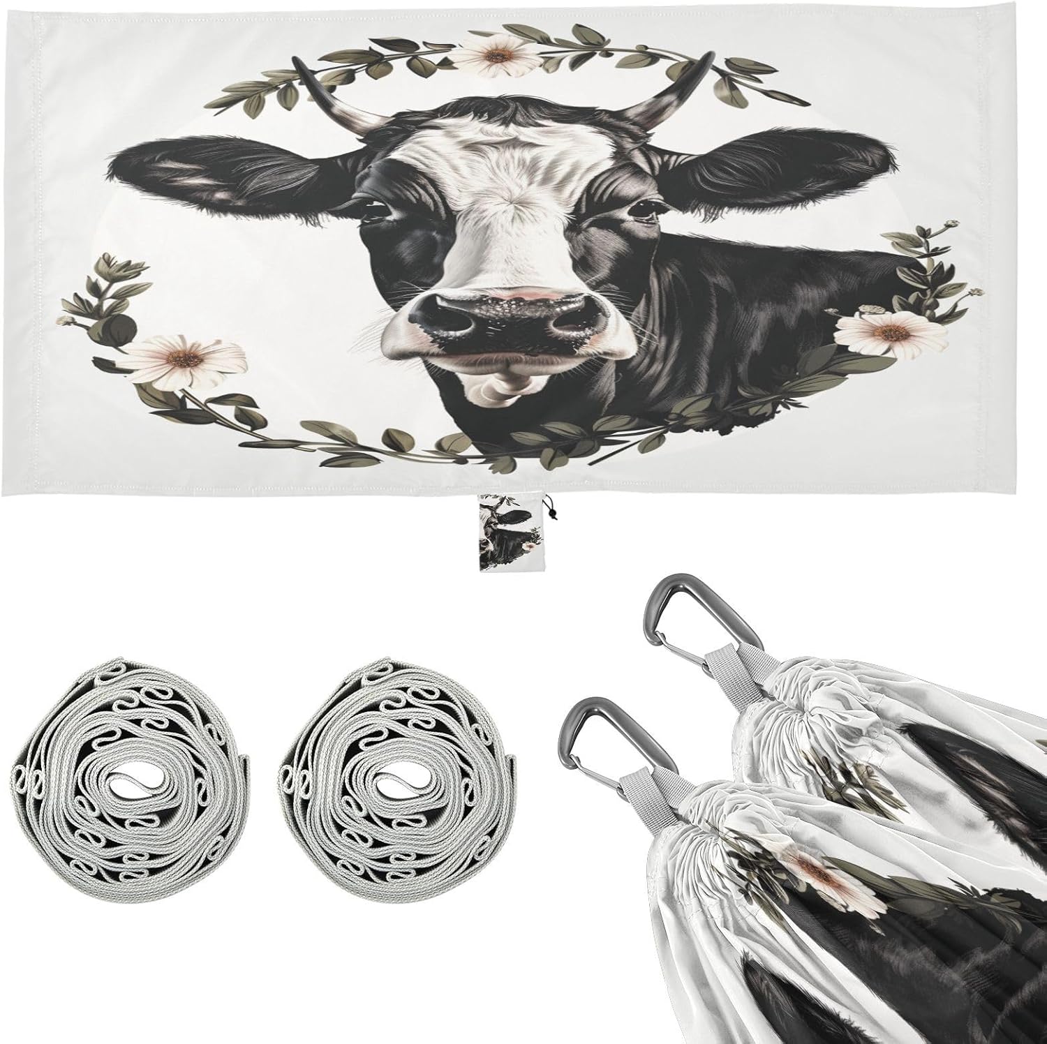 ALAZA Cow Portrait Camping Hammocks Single or 2 Person 500 lbs Portable Parachute Travel Hammock w/Tree Straps for Hiking Backpacking Indoor Outdoor