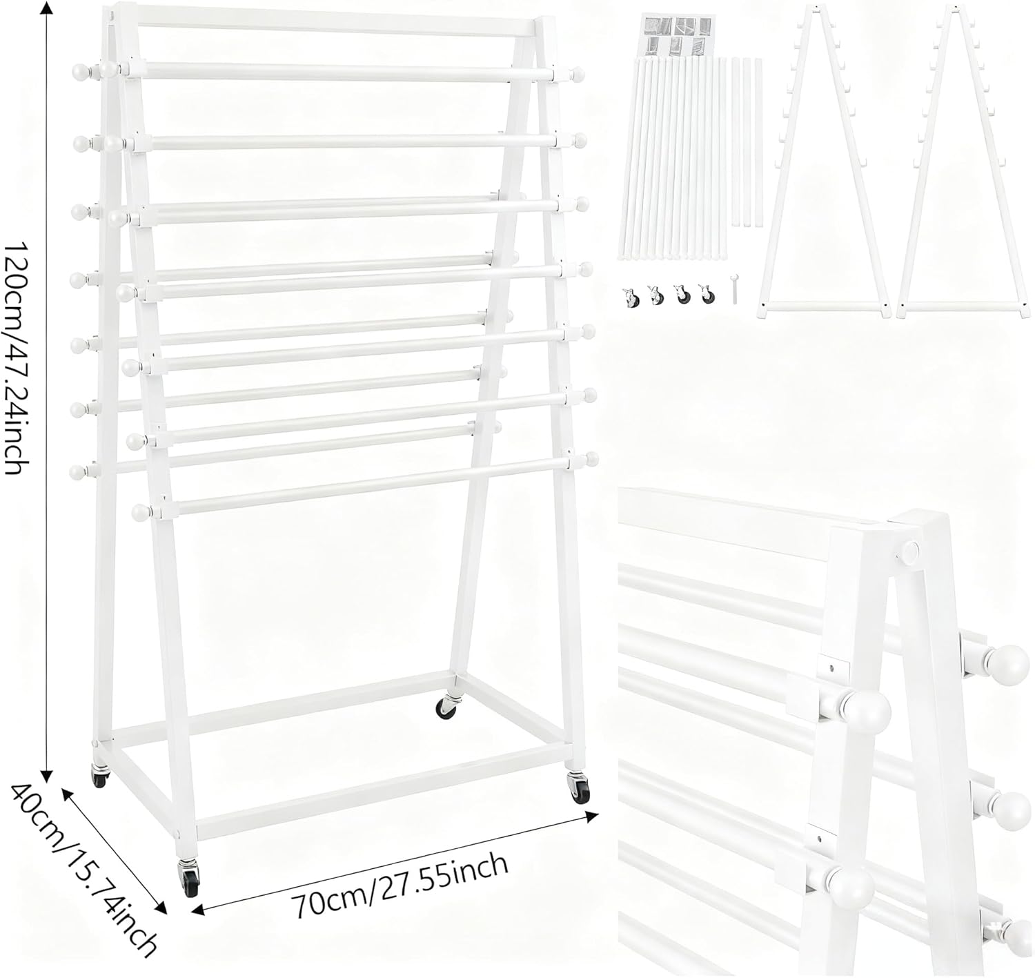 White Double-Sided Rolling Display Stand Tie & Scarf Rack Towel Holder Belt Hangers Hijab Scarves Wrapping Paper Ribbon Organizer Rack for Home,Clothing Retail Store, Craft Room, Florist Cake