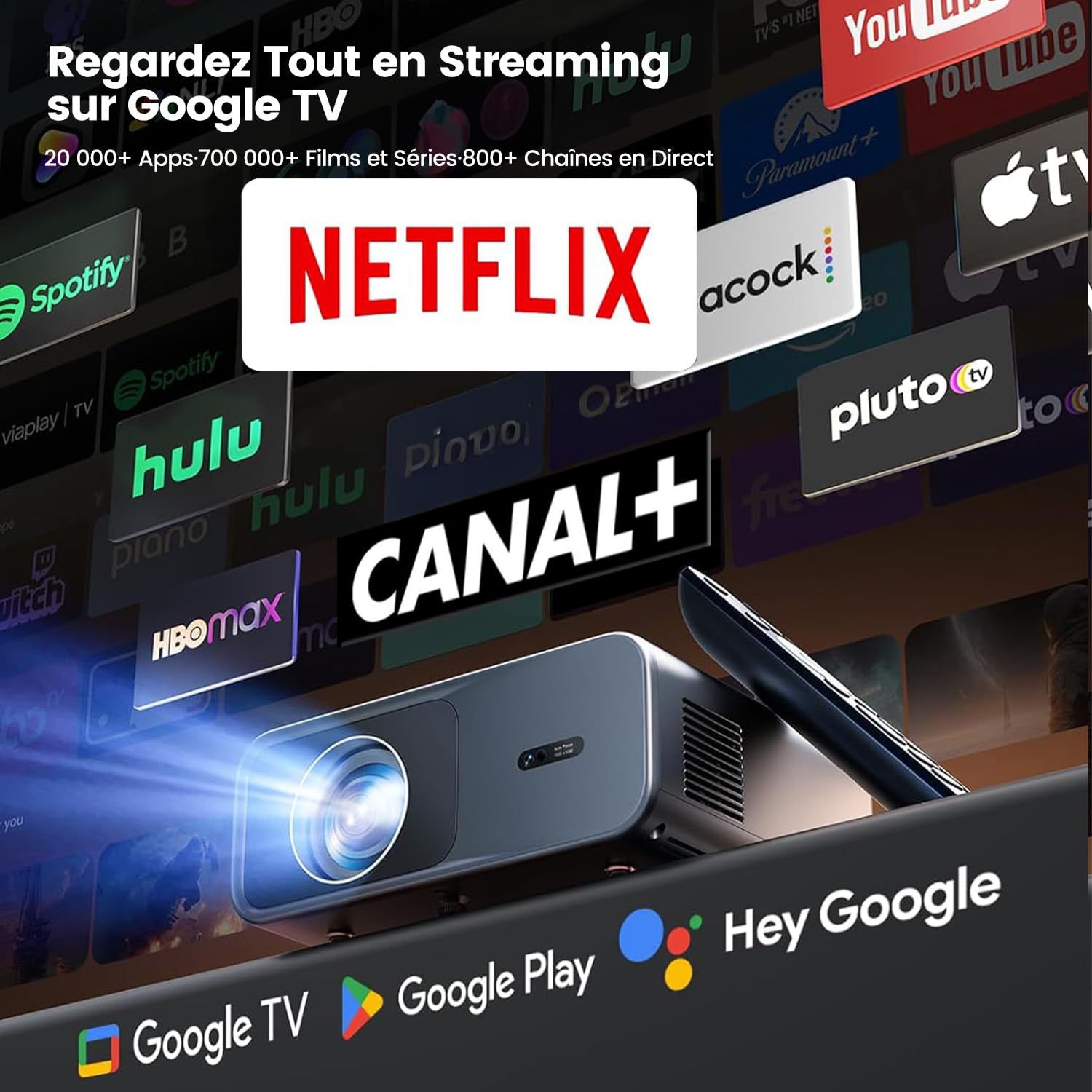 Vidéoprojecteur 4K【Google TV/Dolby】 36000 Lumens Disney+/Netflix Ready Projecteur Portable 4K Auto Focus/Keystone, Contrôle Vocal,HDR10 Projecteur WiFi Bluetooth FHD 1080P Rétroprojecteur Home Cinéma
