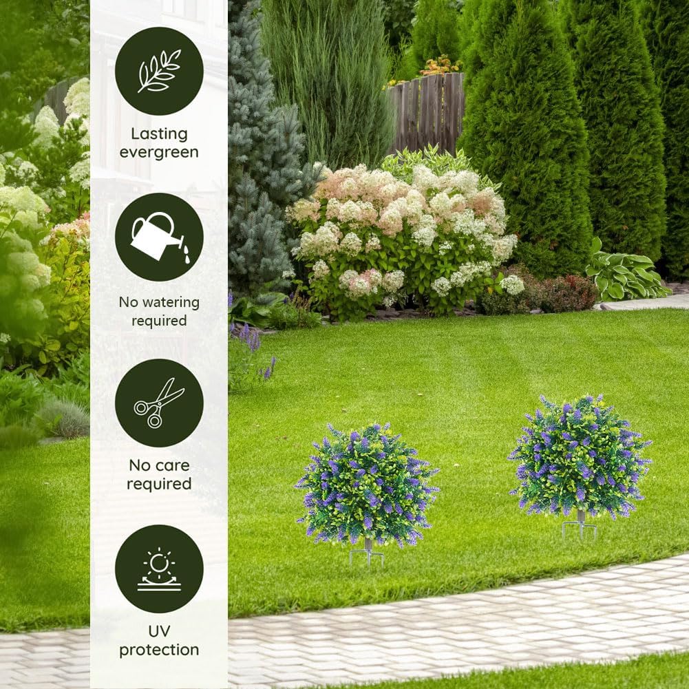 UV Resistant Artificial Boxwood Topiary Trees with Lavender for Outdoors, 24" Artificial Lavender Topiary Ball Tree with Ground Spike,Fake Shrubs Bushes Faux Plants for Front Porch Garden (1, B)