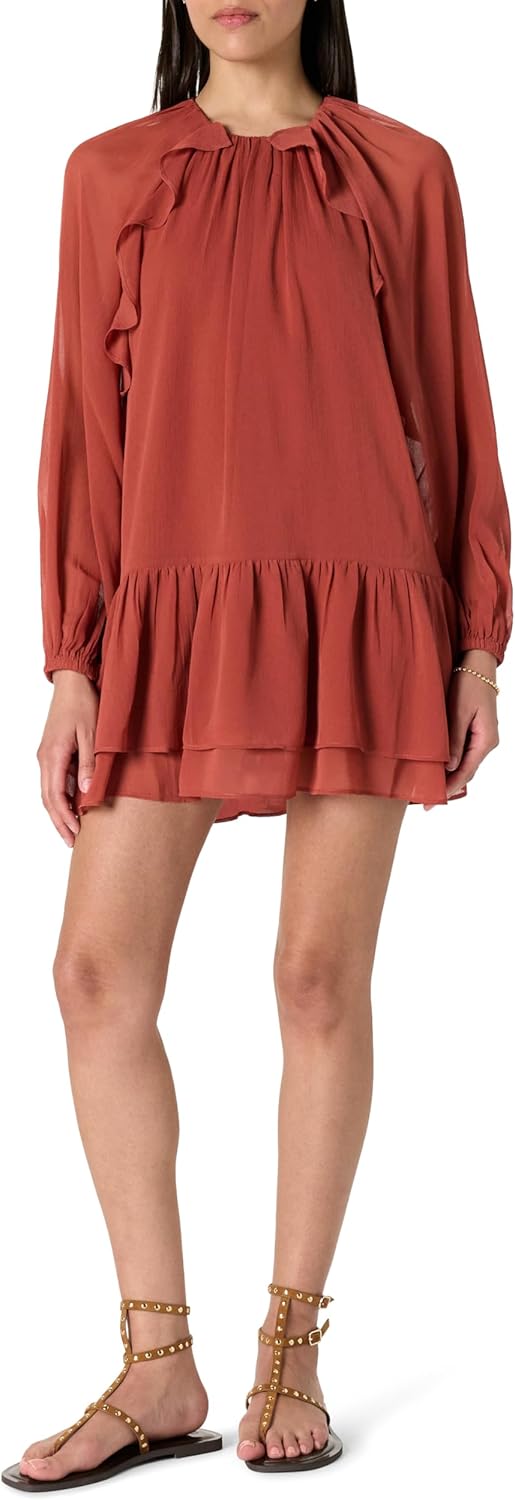 The Drop Womens Jordan Feminine Ruffle Detailed Mini Dress Large Marsala