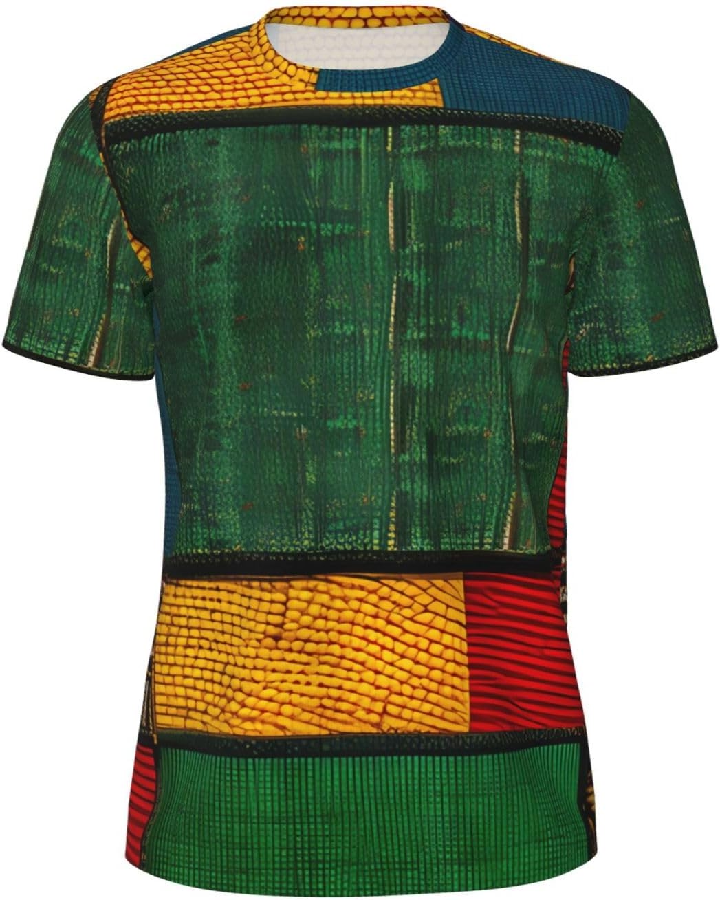 African Style Patchwork Print Mens Short Sleeve Mesh T-Shirt Breathable Athletic Gym Running Casual Sports Wear