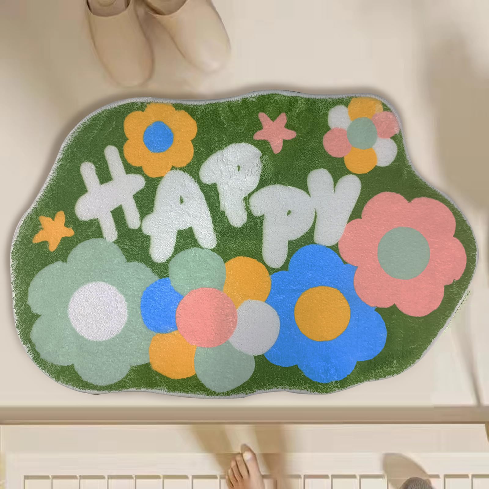 FOSDICK Bath Mat 40 x 60cm, Green, Polyester, Soft, Non-Slip, Machine Washable, Super Absorbent, Bathroom Floor Mat, Flower Rug - Image 2
