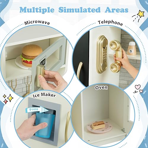 Miniatura 3 de Costzon Kids Kitchen Playset, Wooden Pretend Cooking Toy Set wReal Sound, Large Blackboard, Telephone, Microwave, Ice Maker, Dishwasher, Oven,