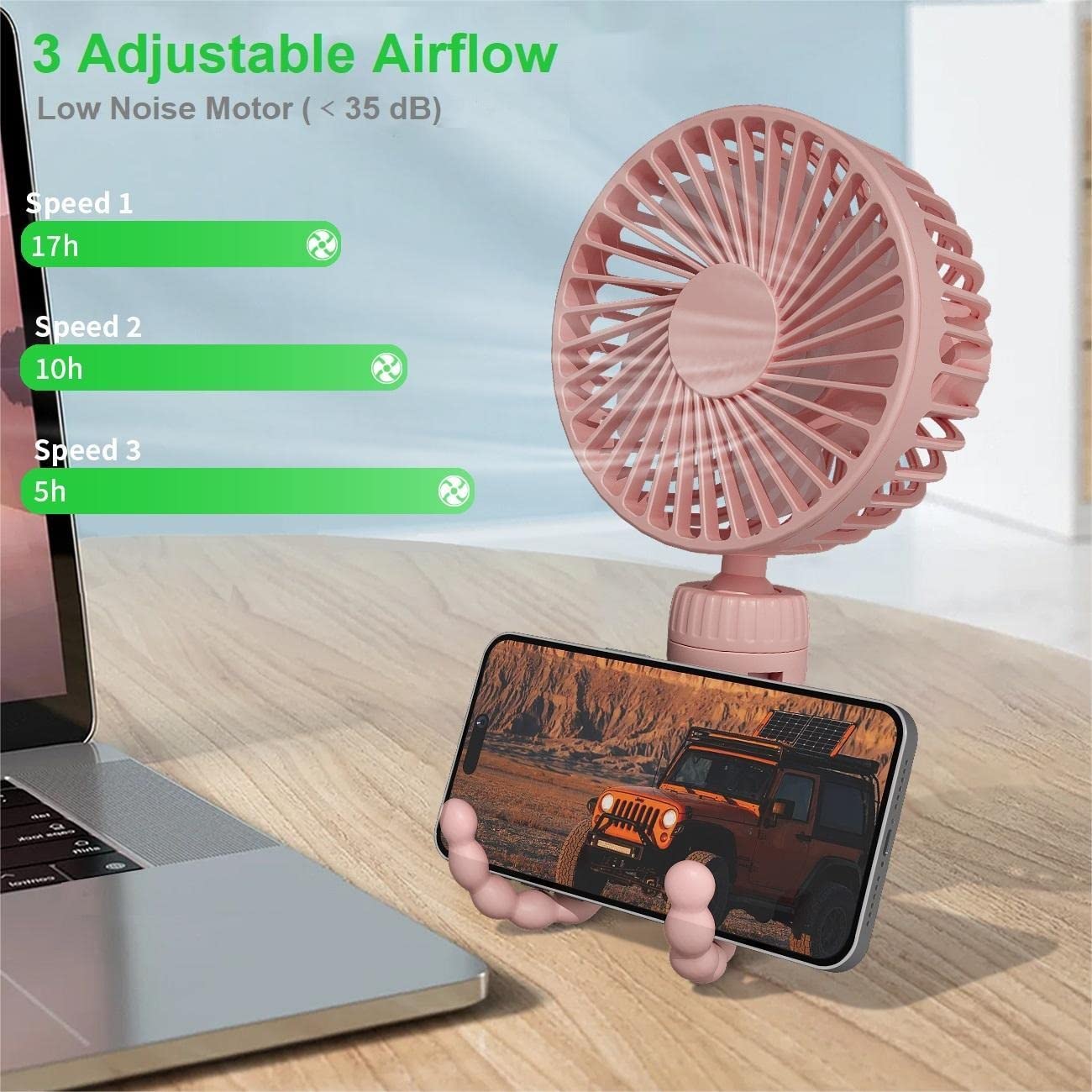 Ventilateur Portable pour Poussette, Batterie Rechargeable par USB, mini Ventilateur de Bébé avec 3 Vitesses, Rotatifà 360° et Clip de Trépied Flexible pour Siège de Voiture, Camping - Rose