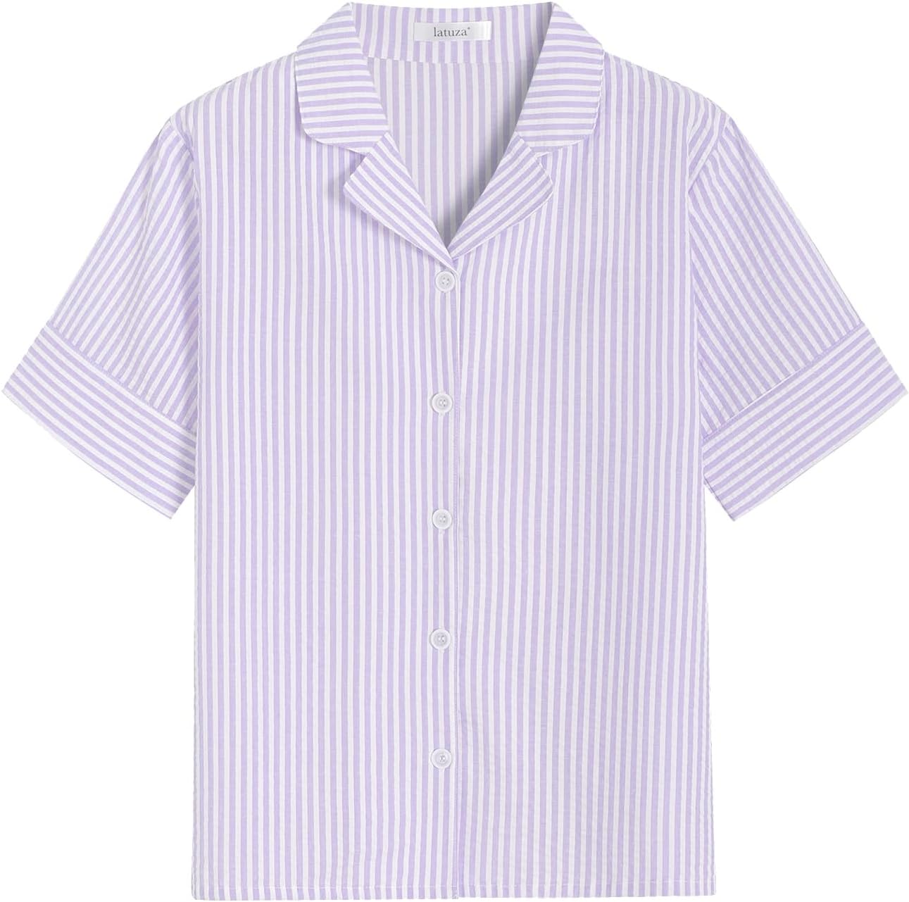 Latuza Women's Cotton Seersucker Pajama Tops Soft Button Down Sleep Shirt