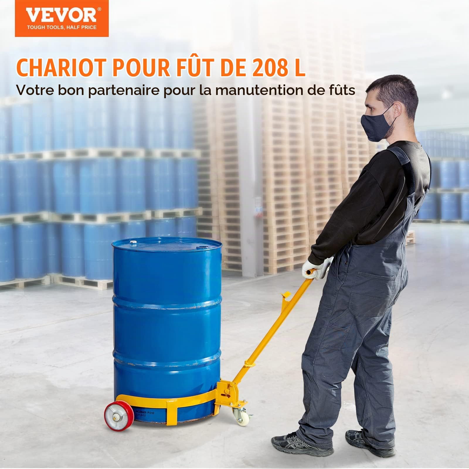 VEVOR Porte-Fût 250 L Chariot à Baril Capacité de Charge 544 kg Plateau Roulant 3 Roulettes Cadre Acier Poignée Ajustable Socle Rouleur Outil pour Manutention Fûts Tambours Bidons Huile Entrepôt Usine