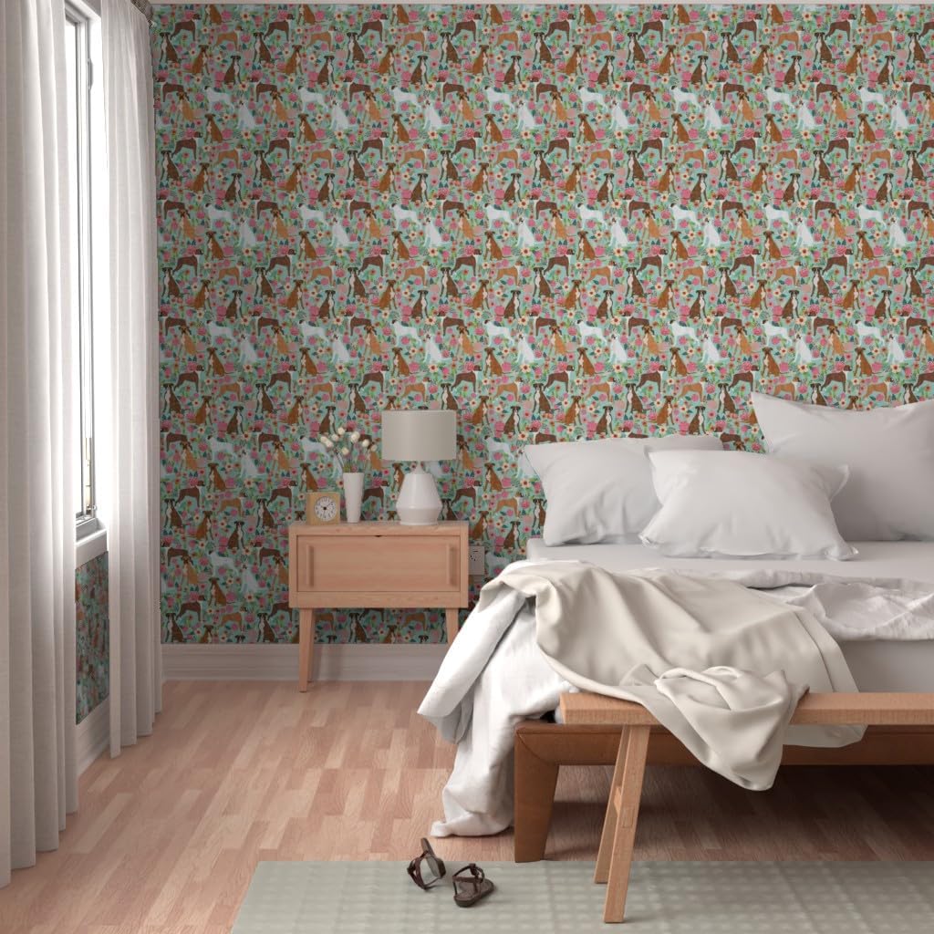 Peel & Stick Wallpaper 12ft x 2ft - Boxer, Dog Breed, Vintage Style, Florals, Mint Green, Flowers, Dogs, Novelty Custom Removable Wallpaper by Spoonflower