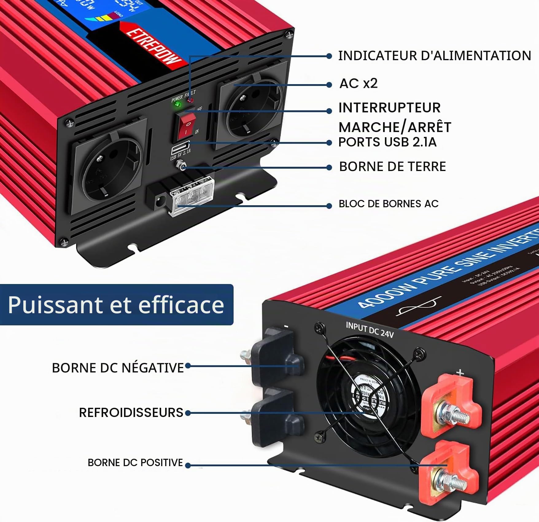 4000W convertisseur 24v 220v Pur Sinus transformateur | 2 Prises EU AC et USB, télécommande sans Fil et écran LCD Onduleur pour Les systèmes Solaire, Voiture, Camping, Voyage