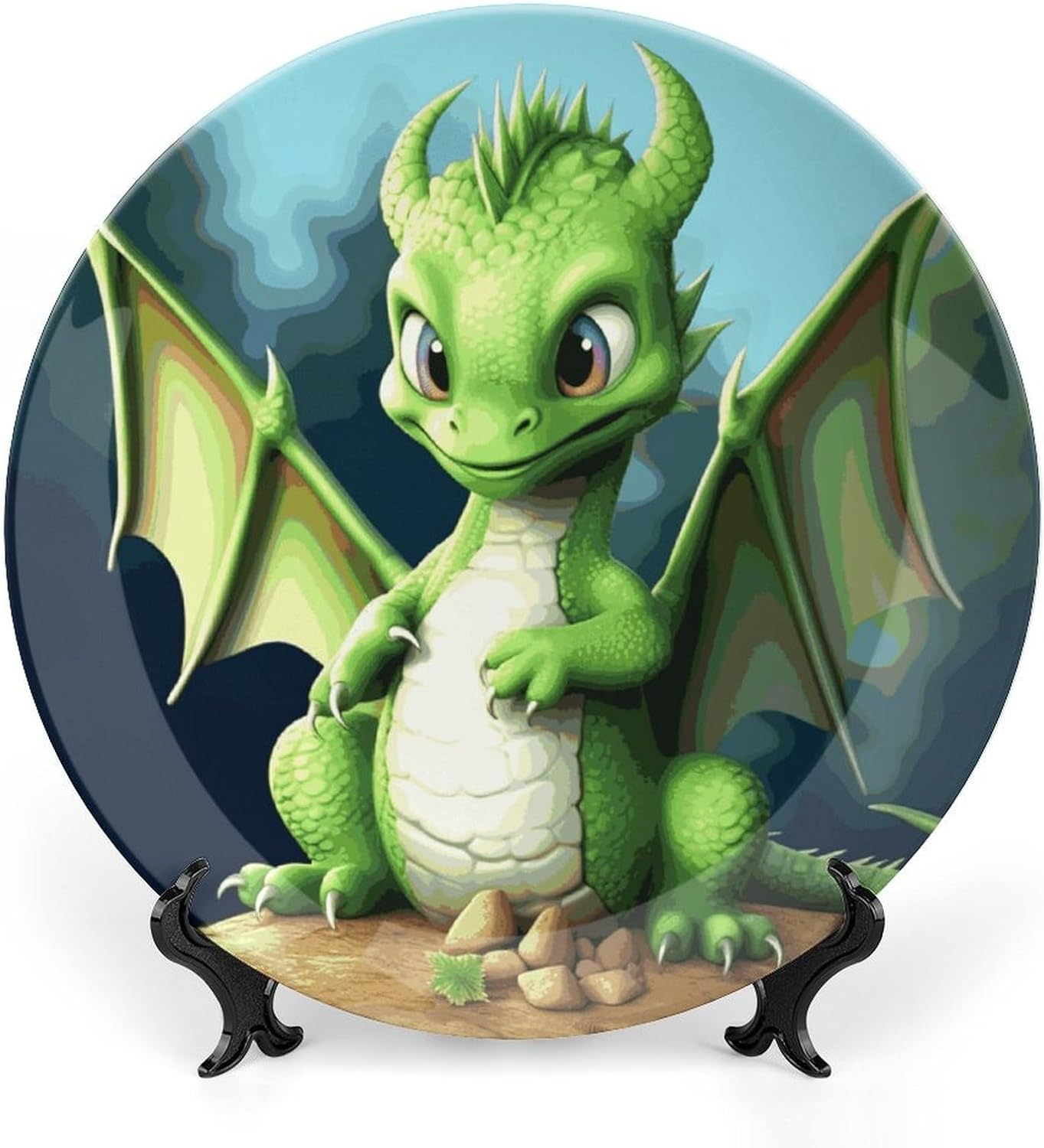 Dragon Cute Bone China Decorative Plate with Display Stand, Ceramic Ornaments Plate for Wall Hanging, Personalized Porcelain Plates for Office, Living Room 8inch