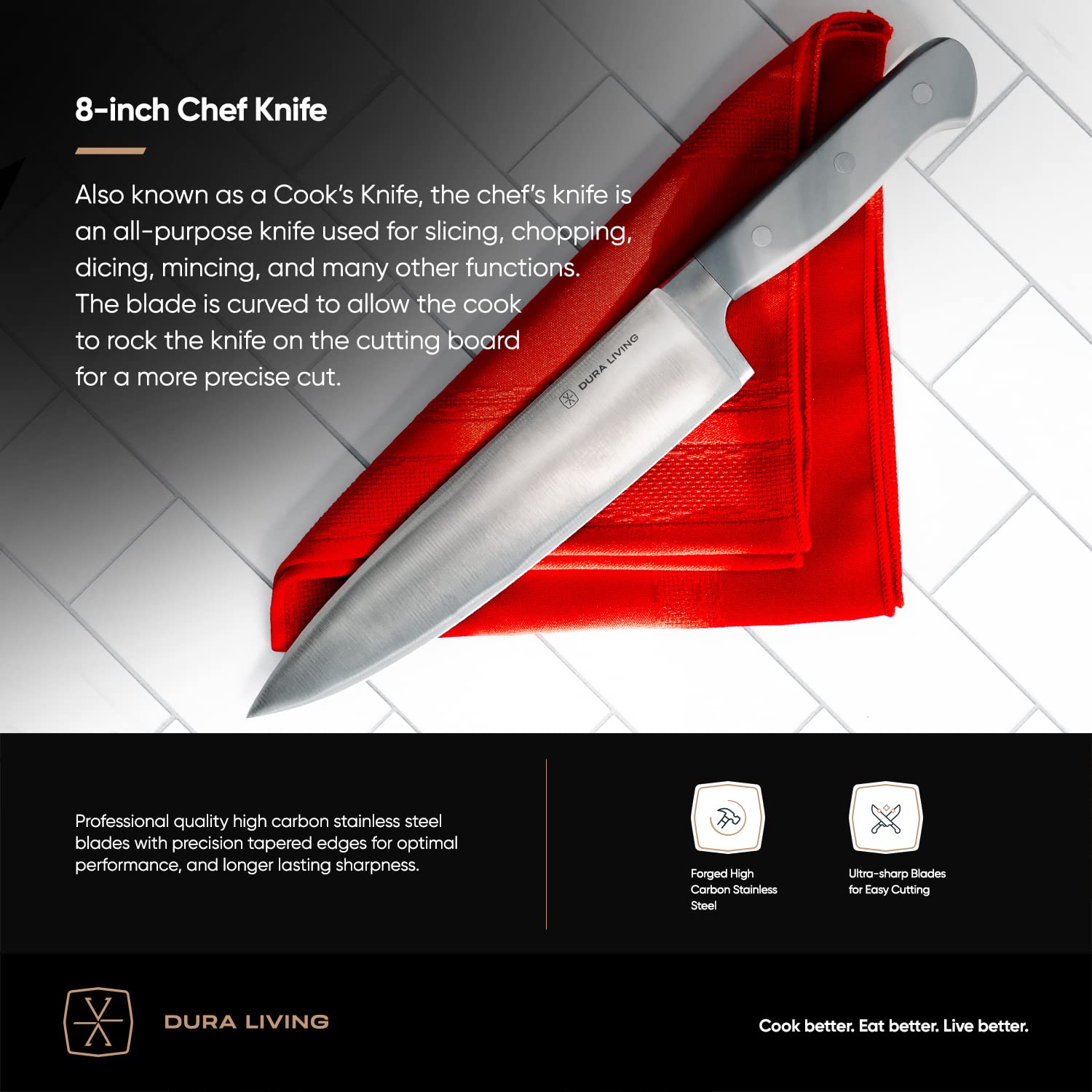 DURA LIVING 8 Inch Professional Chef Knife – High Carbon Stainless Steel, Razor-Sharp, Versatile Cooking & Cutting Kitchen Knife, Ergonomic Handle, Sleek Gray Design