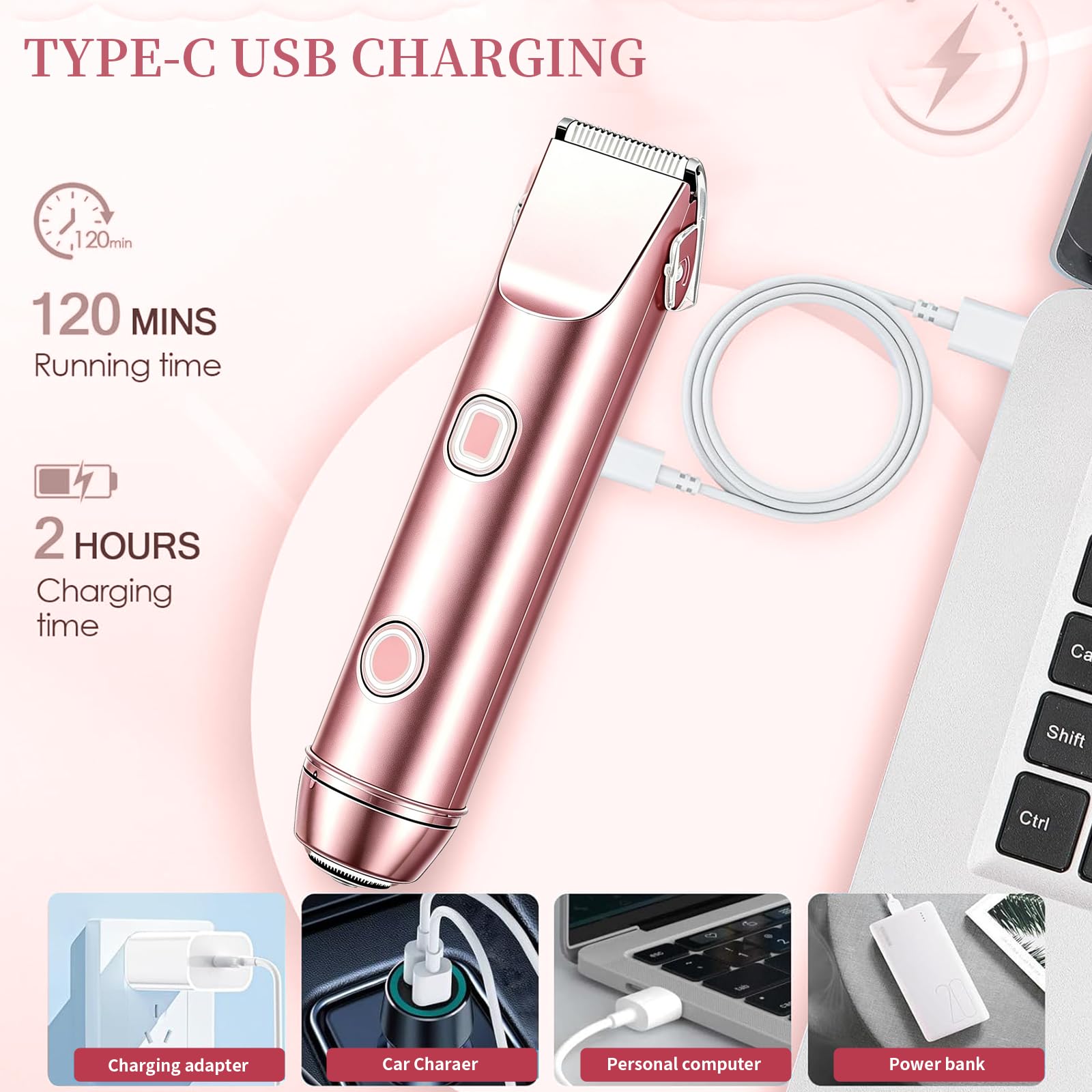 2 in 1 Rasoir Electrique Femme, Tondeuse Intime & Visage, Étanche IPX7 Humide/Sec, avec Écran LED et Lames Hypoallergéniques pour Zones Sensibles, Précise et Sans Irritation (Rose)