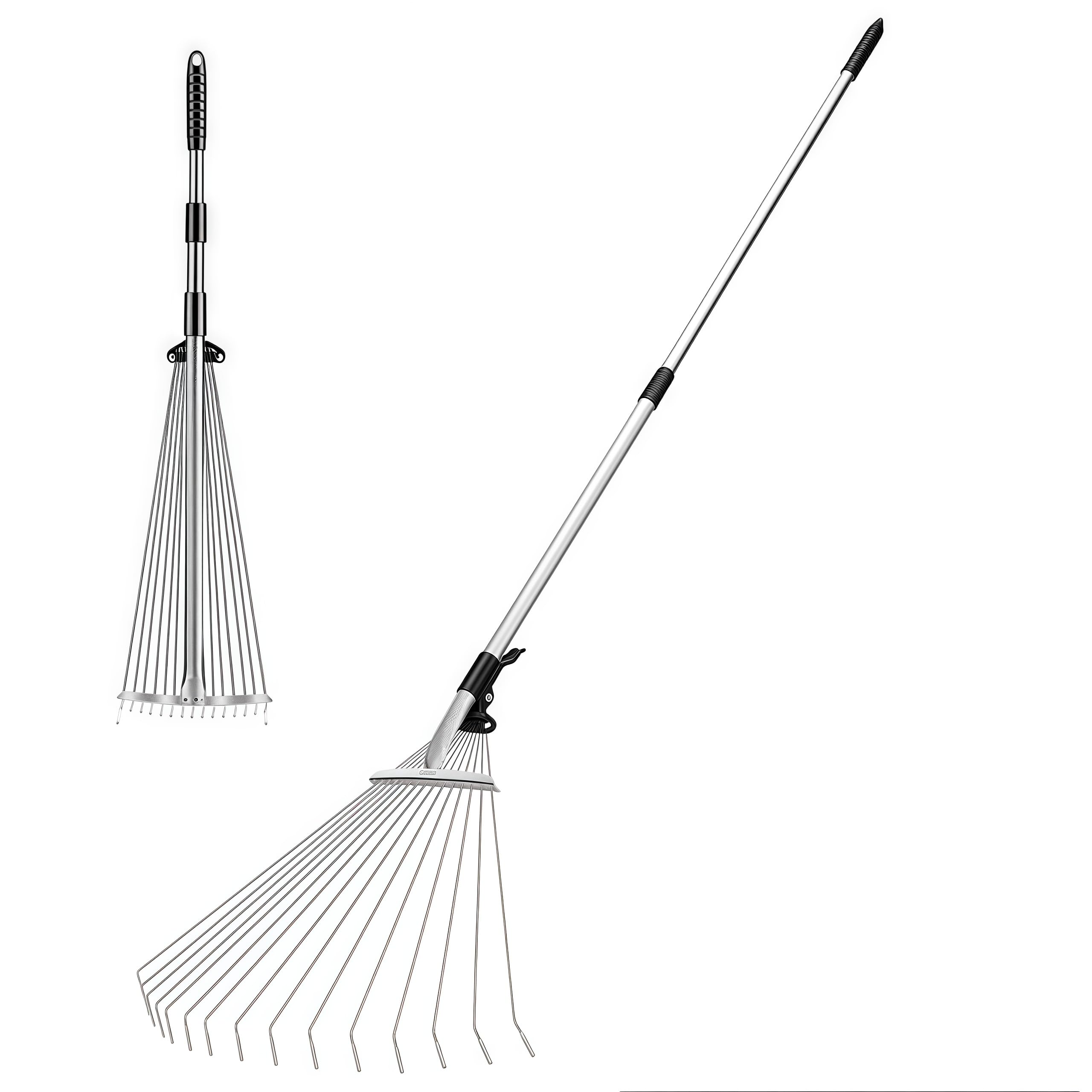Wire Rake Head Retractable Yard Rake 15-Tooth 63 inch Expandable Round-Head Stainless ...