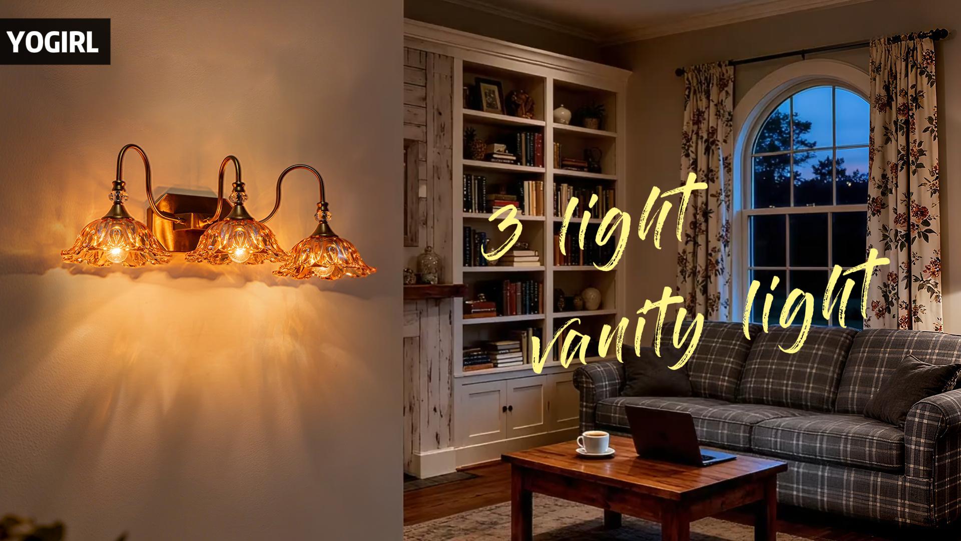 Image of Vintage Gold Bathroom Vanity Light, 3-Lights Matte Antique Brass Finish with Flower Shaped Amber Glass Shades Light Fixture for Bathroom, Hallway