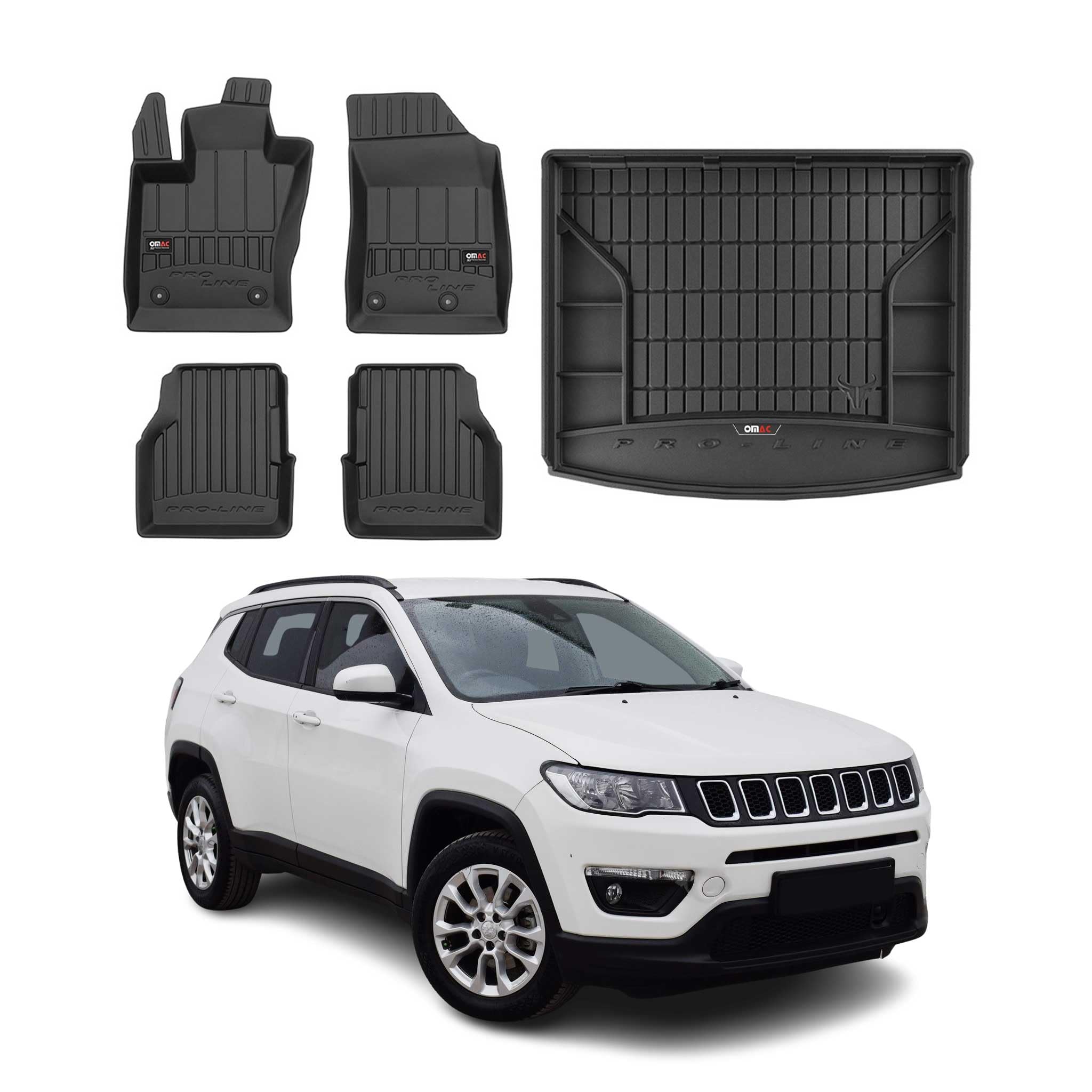 OMAC Fußmatten Kofferraumwanne für Jeep Compass 2017-2025 Gummi 5X Schwarz | inkl. Kofferraumwanne (Satz), Gummimatten, Automatten, Allwetter, fahrzeugspezifisches Produkt, 3D-Passform, Antirutsch