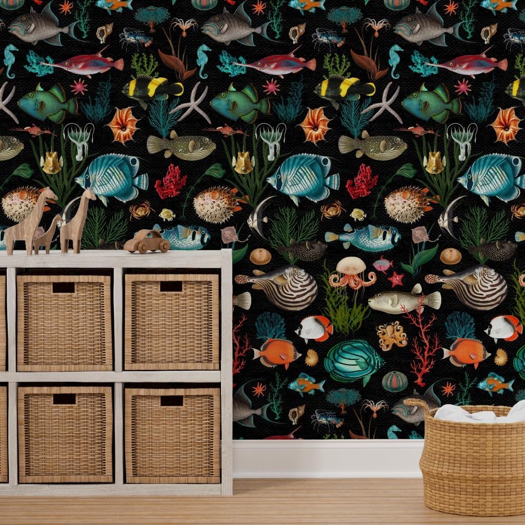 Peel & Stick Wallpaper 6ft x 2ft - Black Nautical Sea Life Vintage Style Ocean Fish Coastal Tropical Custom Removable Wallpaper by Spoonflower