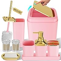 Vista 42 de Juego de accesorios de baño rosa, de plástico, con bandeja, dispensador de jabón, portacepillos de dientes, vaso, jabonera, cepillo para inodoro