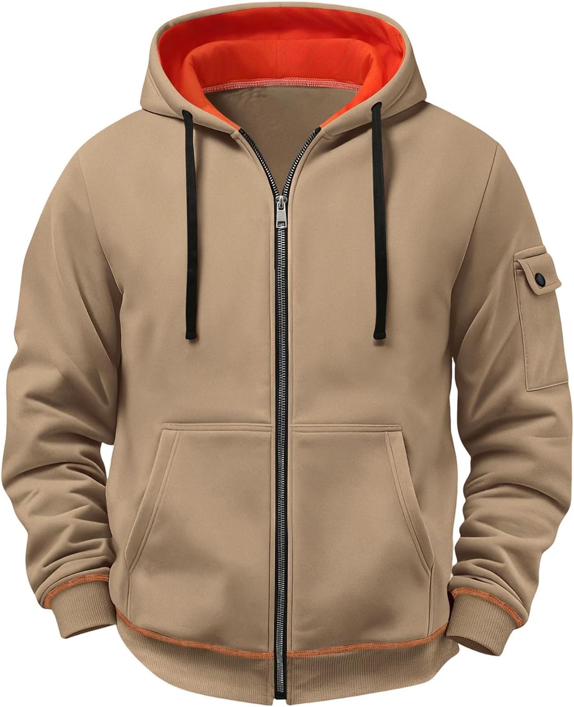 Men's Zip Up Hoodie with Arm Pocket Contrast Lining Fleece Sweatshirt | Color Contrast Inner Hood Lining Sleeve Utility Pocket Kangaroo Pockets Warm Casual Outdoor Fall Winter Streetwear Daily