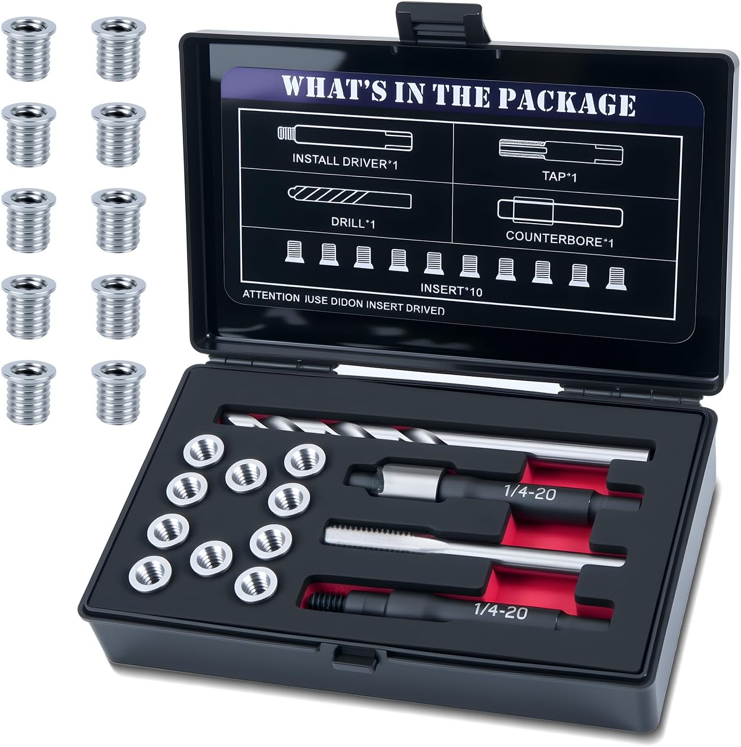1/4-20 SAE Thread Repair Kit with Insert HSS Drill, Tap, Counterbore, Installation Driver, 10PCS Stainless Steel Insert 1/4-20 X 0.380 INCH