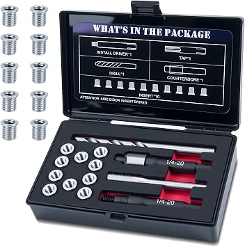 1/4-20 SAE Thread Repair Kit with Insert HSS Drill, Tap, Counterbore, Installation Driver, 10PCS Stainless Steel Insert 1/4-20 X 0.380 INCH