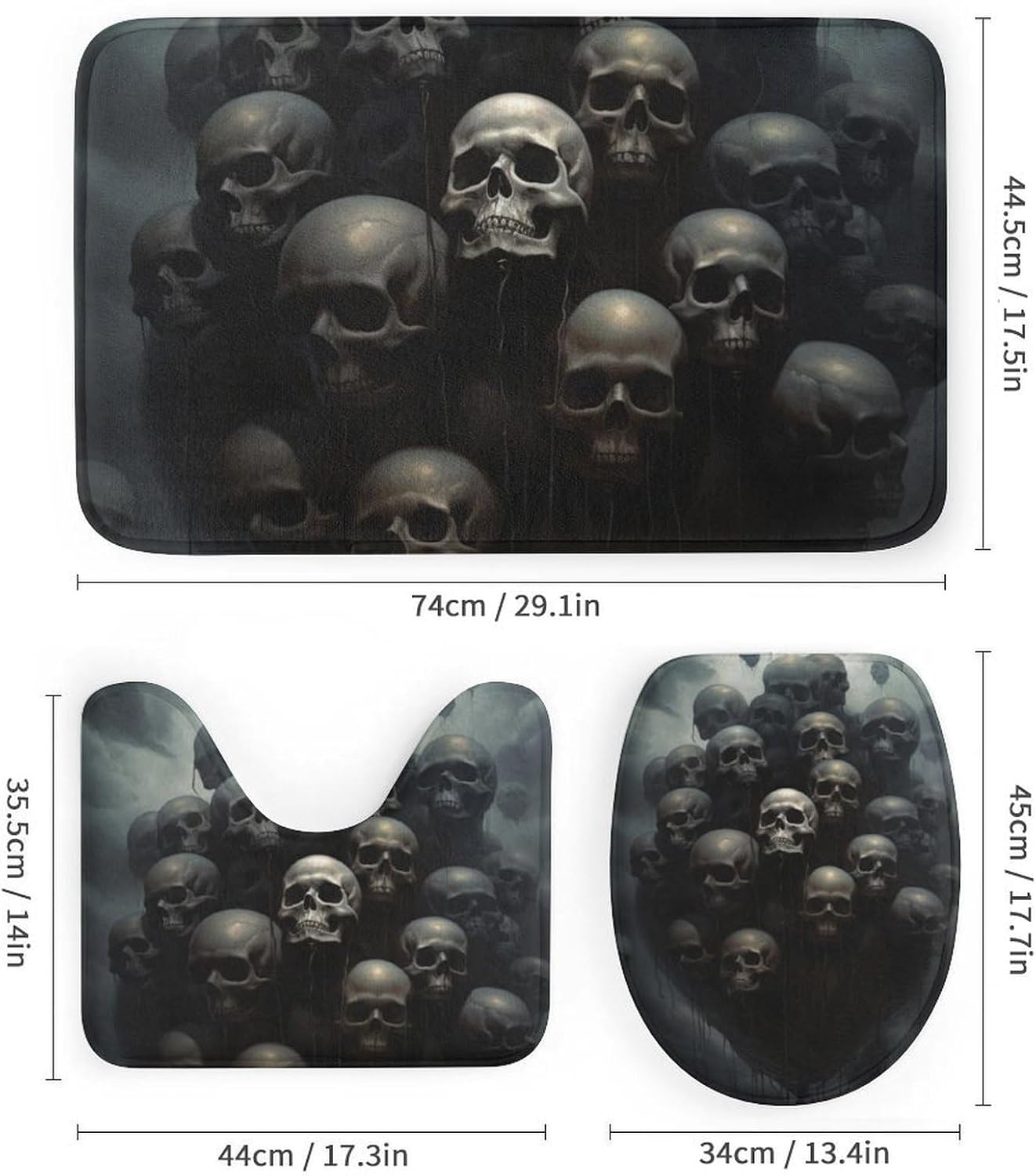 4PCS Abstract Black Skull Bathroom Set with Rugs and Toilet Lid Cover Vintage Floating Skeleton Waterproof Shower Curtain Set for Bathroom Decor, Style-1