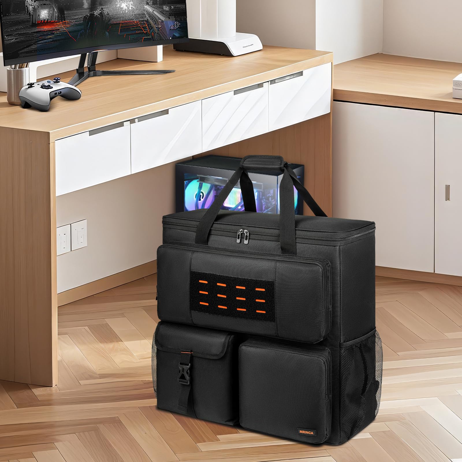 Mochila de viaje para PC para computadora de escritorio ATX Mid-Tower, funda de transporte portátil para PC con bolsillos para teclado, mouse, cables y accesorios, correas acolchadas ajustables 6