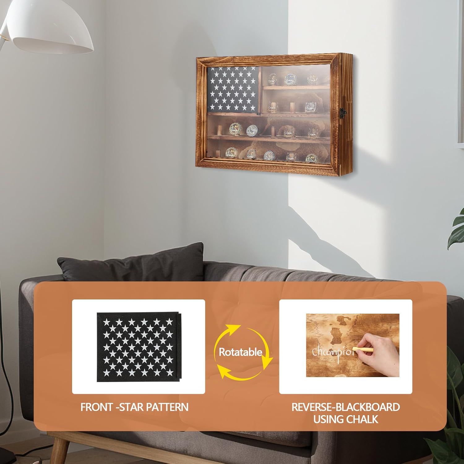 Weysat Baseball Ring Holder Championship Ring Display Case 22ring Posts Box Wall Mounted Sport Wooden with Lock for Softball Basketball Football Prizes Fan Souvenirs 10.7 x 15 Inches(Walnut)