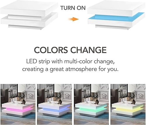 Miniatura 8 de Mesa de centro cuadrada moderna, mesa de cóctel de 2 niveles con iluminación LED y control remoto, mesa central de alto brillo para sala de estar