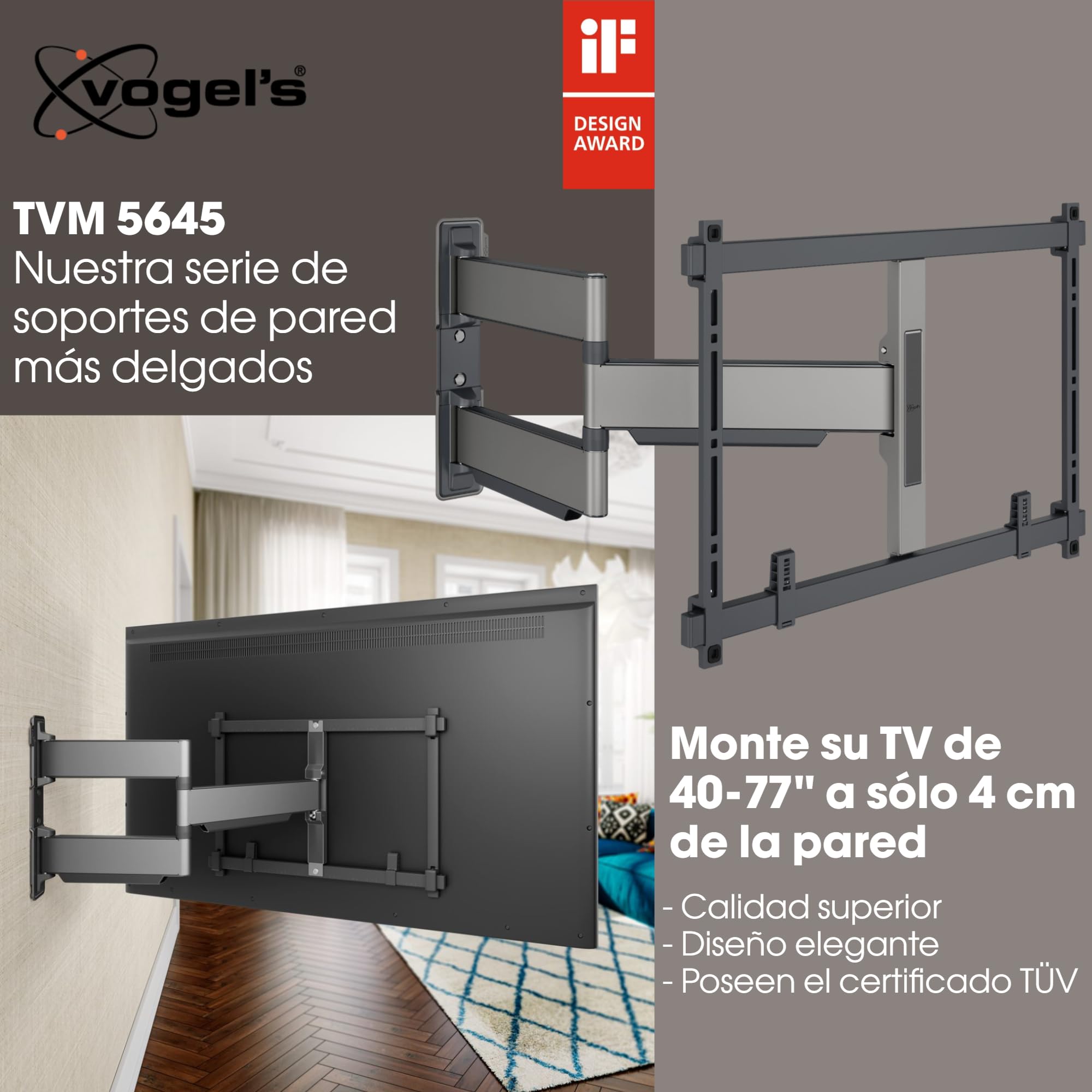Vogel's Elite TVM 5645 Soporte TV Giratorio y Ultrafino para TV de 40 a 77 Pulgadas, Peso máx. de 45 kg, Gira hasta 180°, Soporte de TV Full-Motion, Máx. VESA 600x400, Compatibilidad Universal