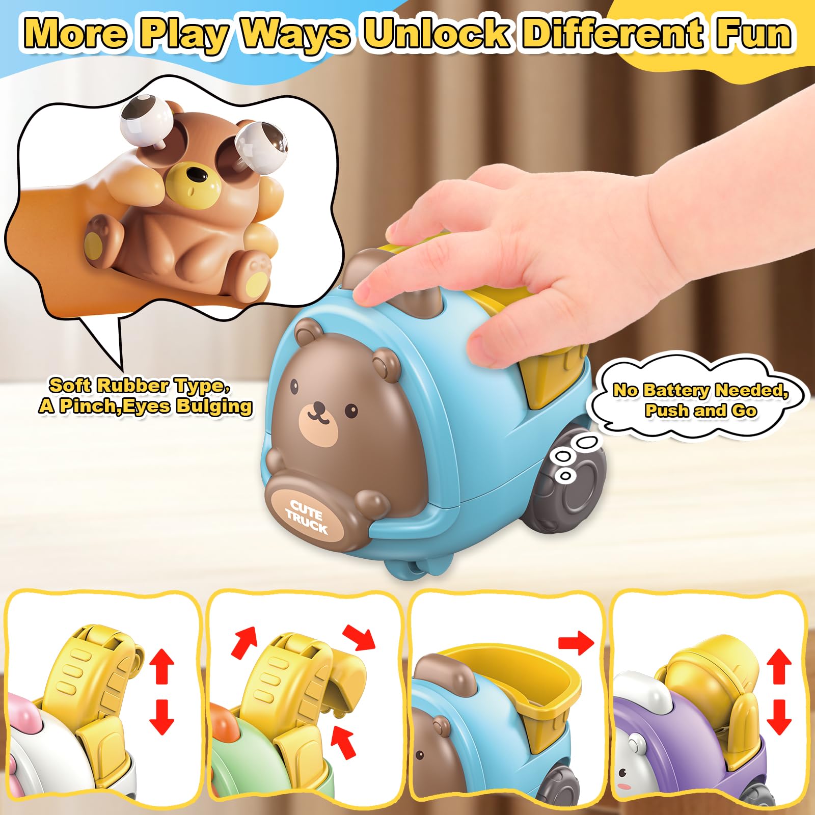 LinseyFun 17 PCS Cartoon Toddlers Car Toys Set and Squeeze Toy for 3 Year Old Boy with Playmat/Storage Bag, Trucks for Toddlers, Rubber Animals, Toddler Cars, 3 Year Old boy Birthday Gift