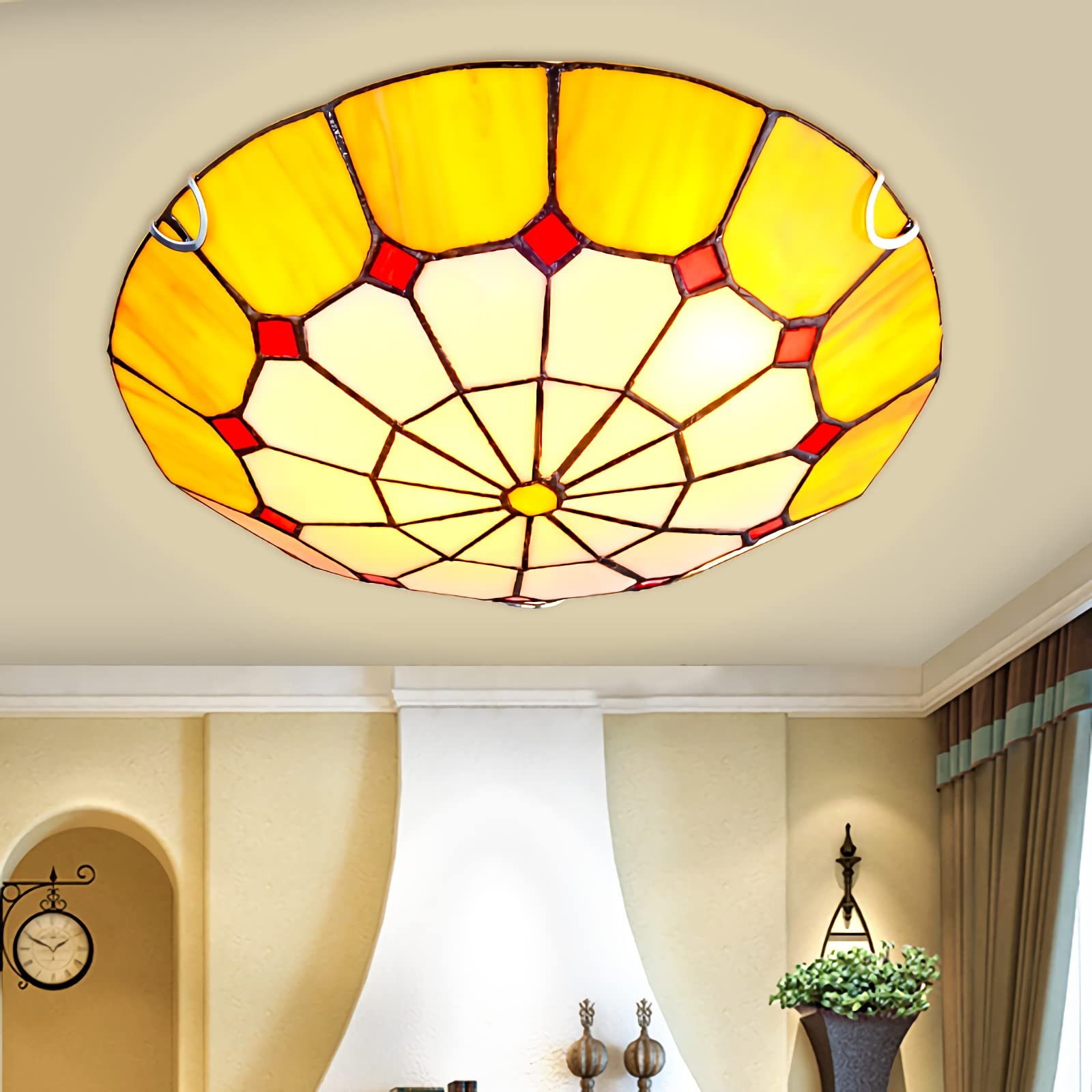 HPTHLY Tiffany Style Led Ceiling Light Dimmable E27 Glass Fixture European Pastoral Chandelier For Living Room & Bedroom Elegant Home Lighting Decor (J-20 Inch)