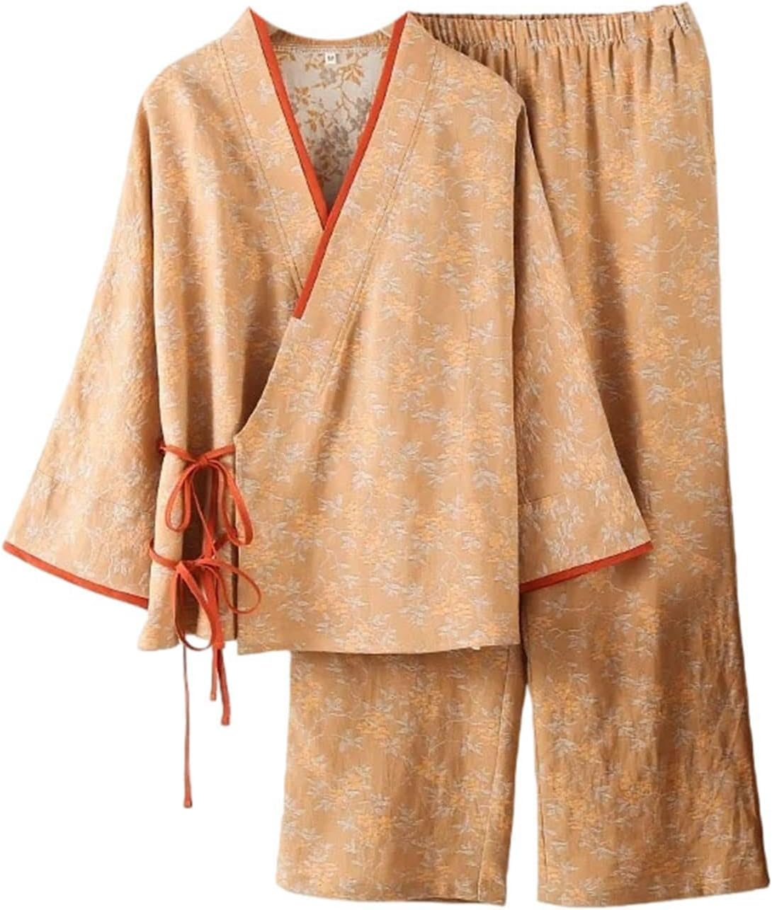 Chinese Style Cotton Pajamas Women's Autumn Thin Loose Lace-up Loungewear V-Neck Long-Sleeve Kimono Pijama Set