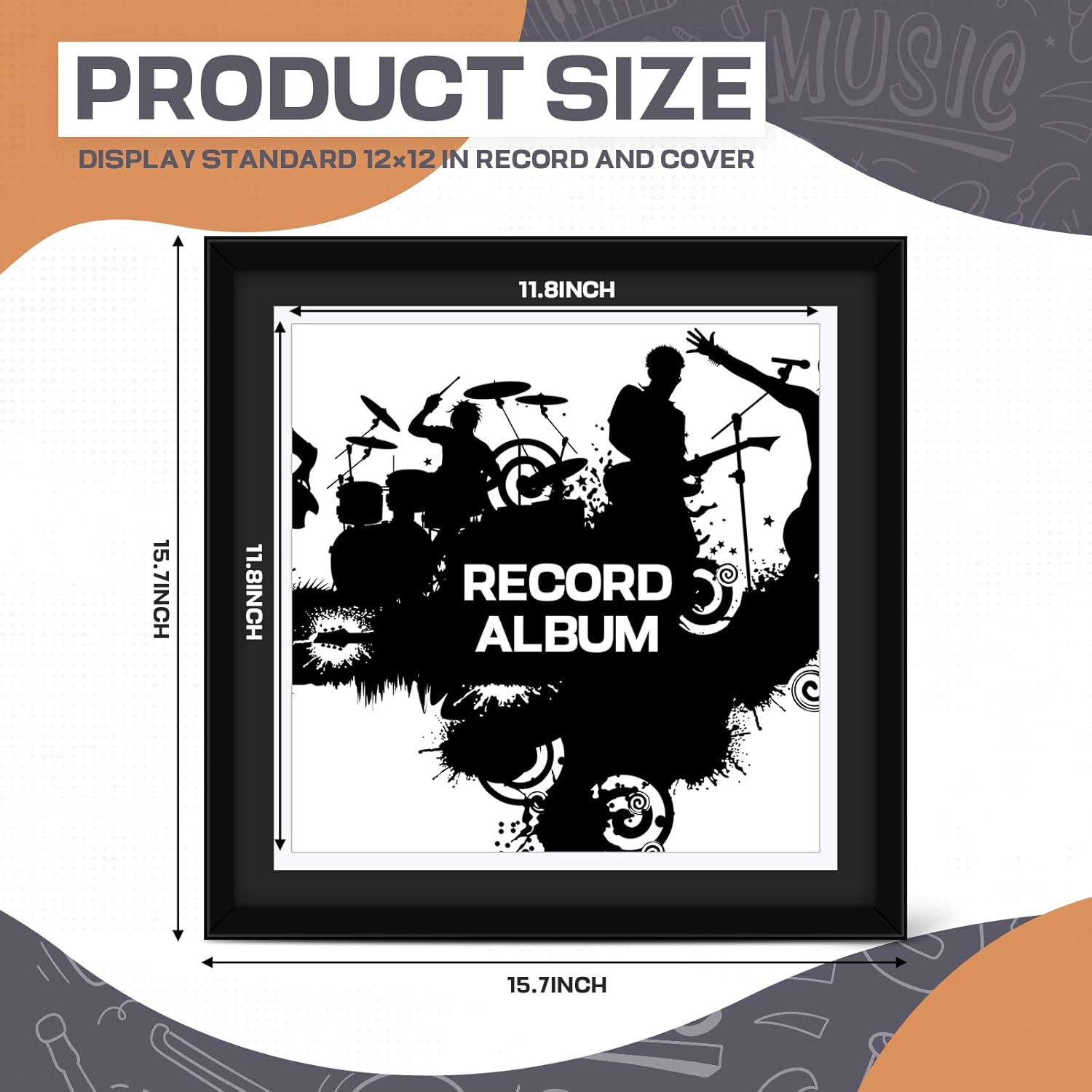 4 Pack 15x15 Record Frame with Double Sided Mats, Album Frame Made of Engineered Wood and Clear Acrylic for 12x12 LP Cover Display Vinyl Cover with Hanging Hardware for Wall(White Mat)