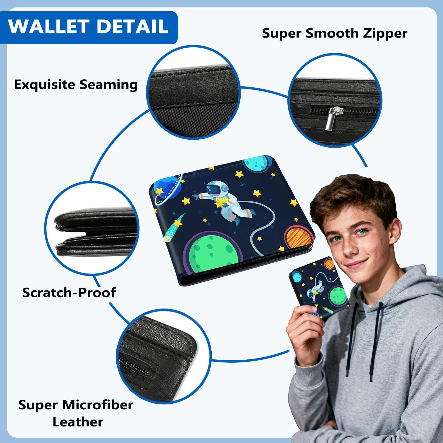 Kids Wallet for Boys, Cool Wallets for Teen Son Ages 4 5 6 7 8 9 10 11 12 13 14 15 16, Leather Space Astronaut Bifold Purse, Christmas Birthday Gift for Kid Men Boy Youth Guys - Image 4