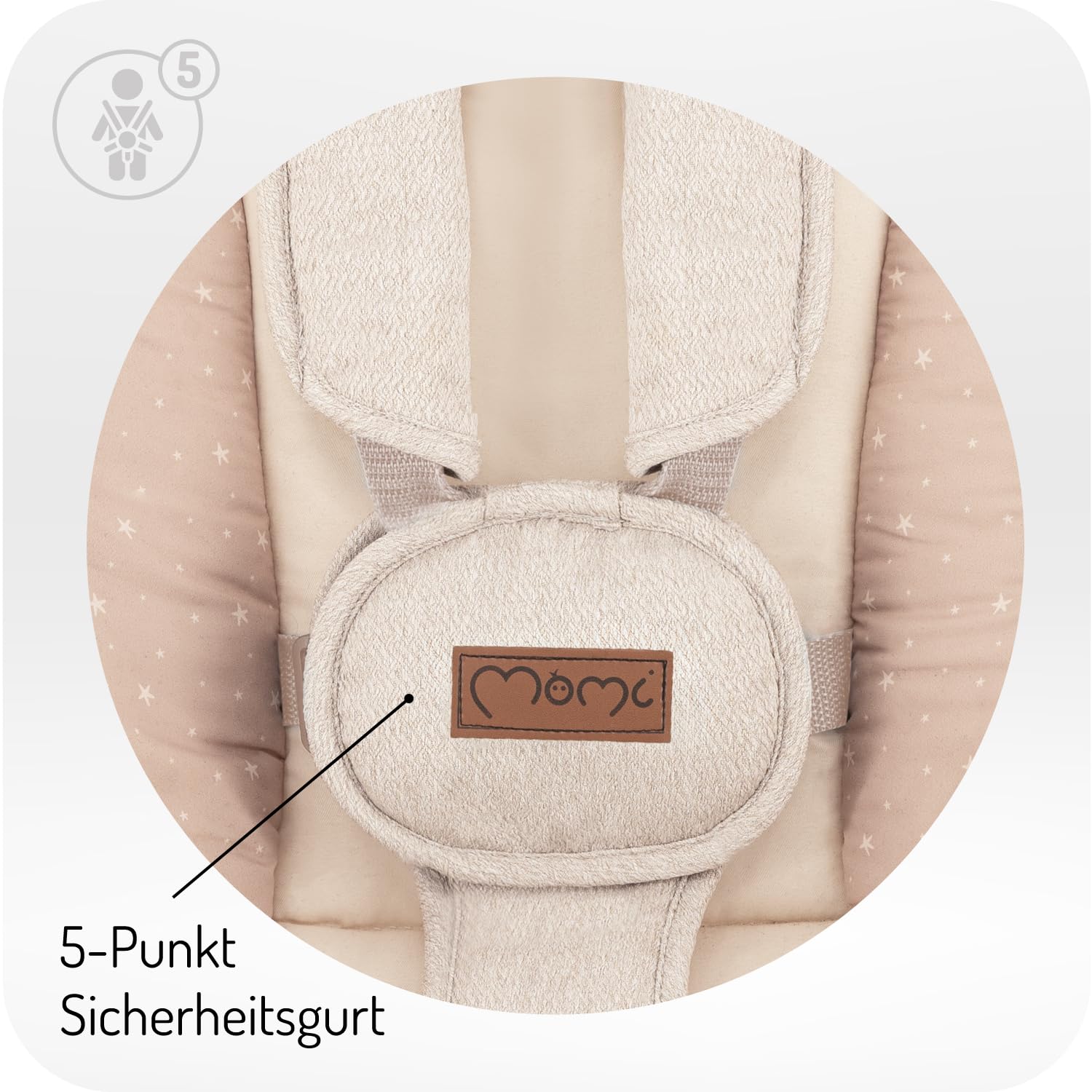 MoMi Babywippe PEARL für Babys bis 9 kg, 360° drehbarer Sitz, LED-Panel, Bluetooth, Fernbedienung, Batterie- oder Netzbetrieb, Netzteil mit USB-Kabel, 5-Punkt-Sicherheitsgurt, Bügel und Spielzeug