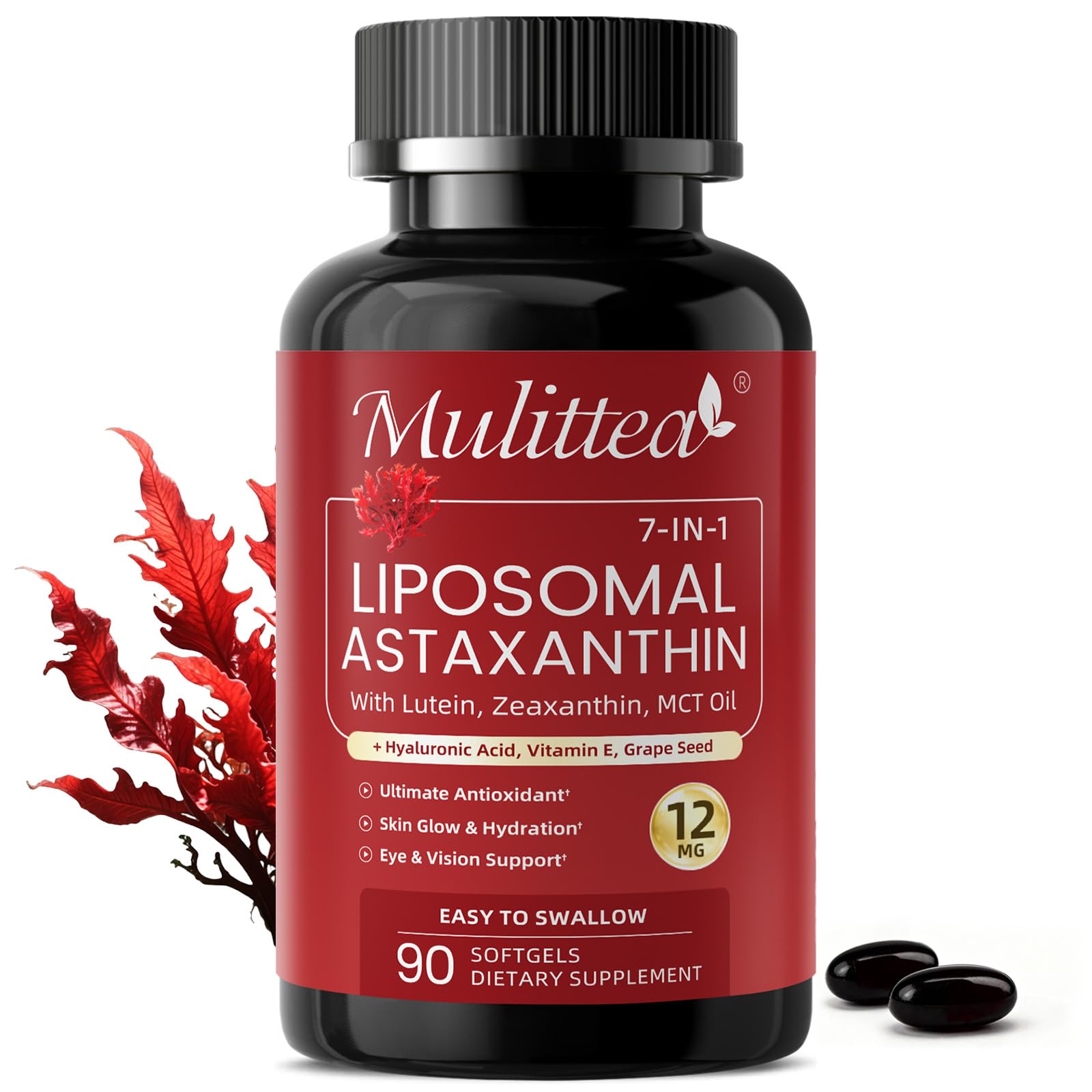 Liposomal Astaxanthin 12mg with Hyaluronic Acid & Lutein for Skin & Eye 90 Count (Pack of 1)