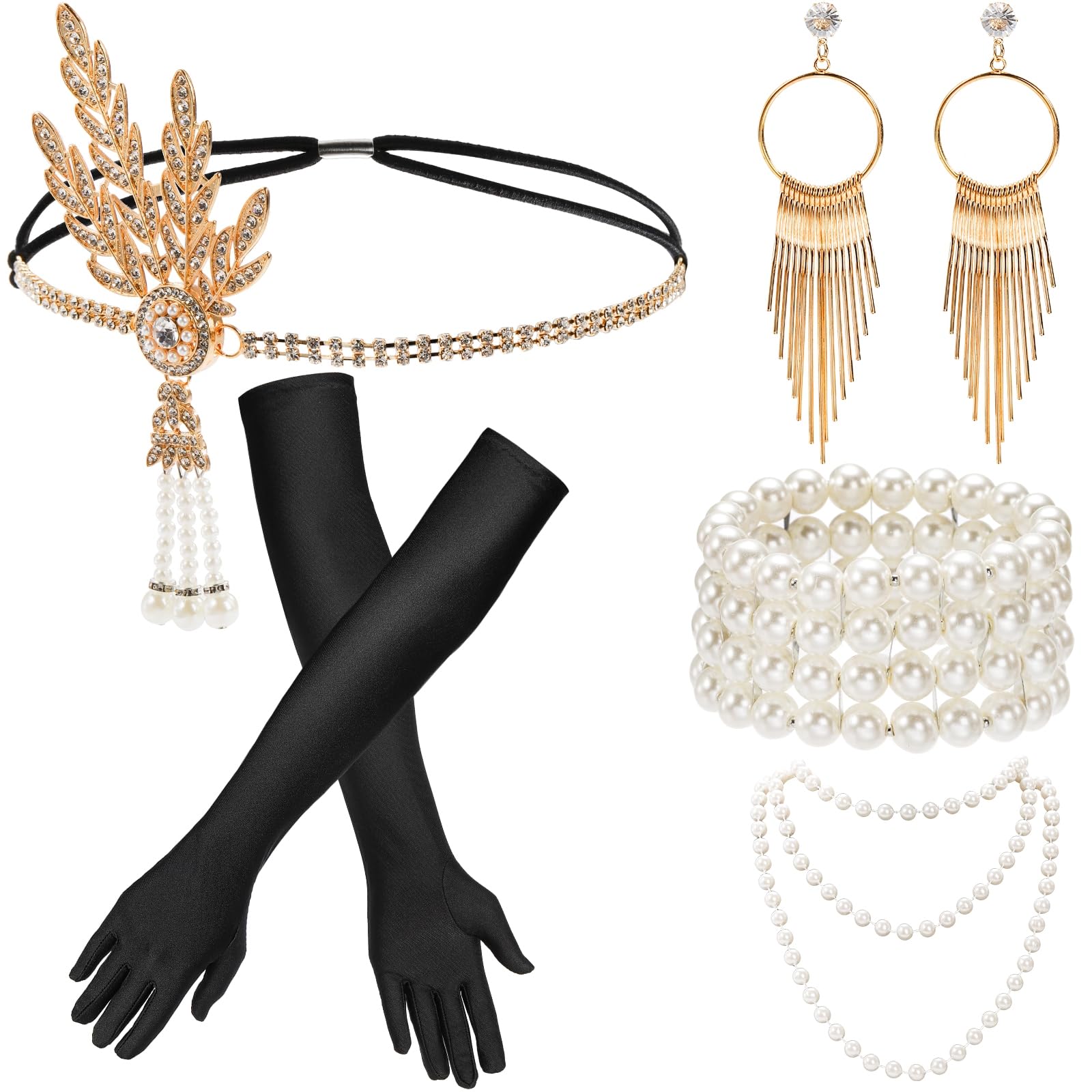 Hiceeden 6 Pcs 1920s Flapper Accessories for Women Roaring 20s Great Gatsby Accessories for Party Flapper Costume Set Includes Headband