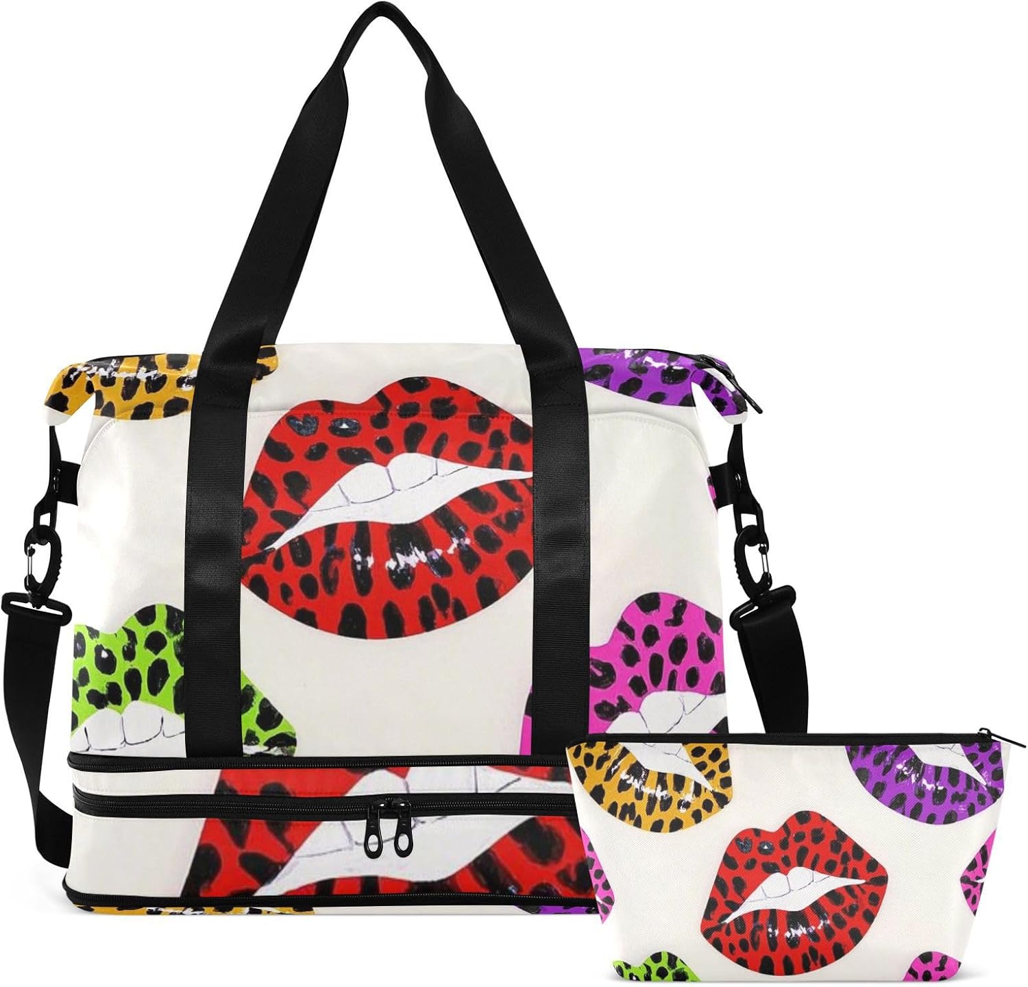 Cartoon Leopard Print Lips Travel Tote Gym Bag Carry On Personal Item Bag with Toiletry Bag for Business Trips Foldable