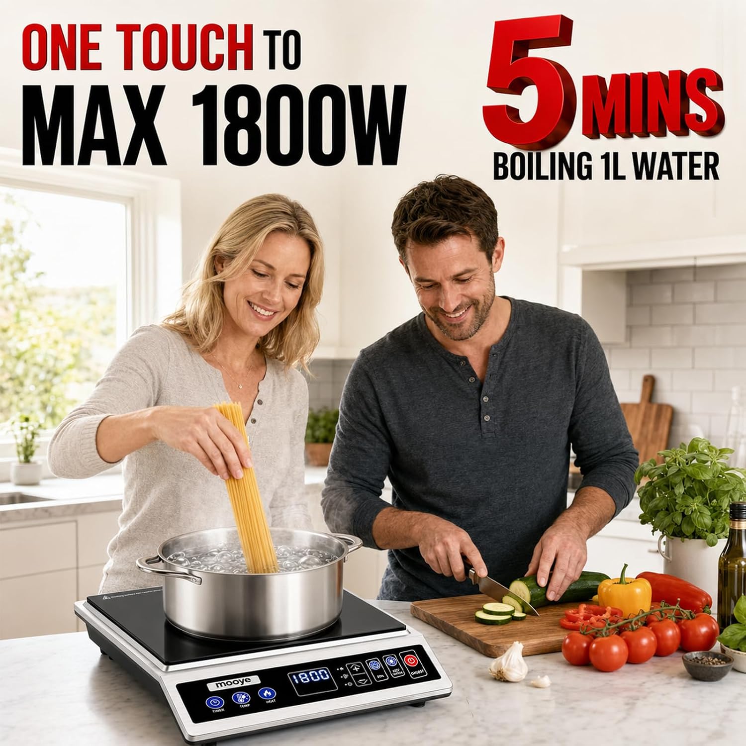 Induction Cooktop Portable Induction Burner Countertop One-Touch Max Power 1800W, 12-Hour Timer Precise Temperature Control Stainless Steel Hot Plate Low-Noise Electric Cooktop for Home-Regular thumbnail