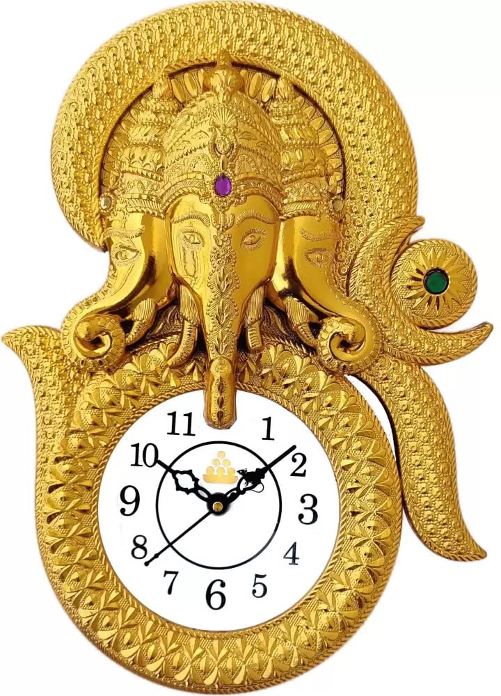 Designer Stones Ganesha Inside Om Plastic Wall Clock for Home/Living Room/Bedroom/Kitchen| Wall Clock for Office (Ganesha Inside Om)- Gold