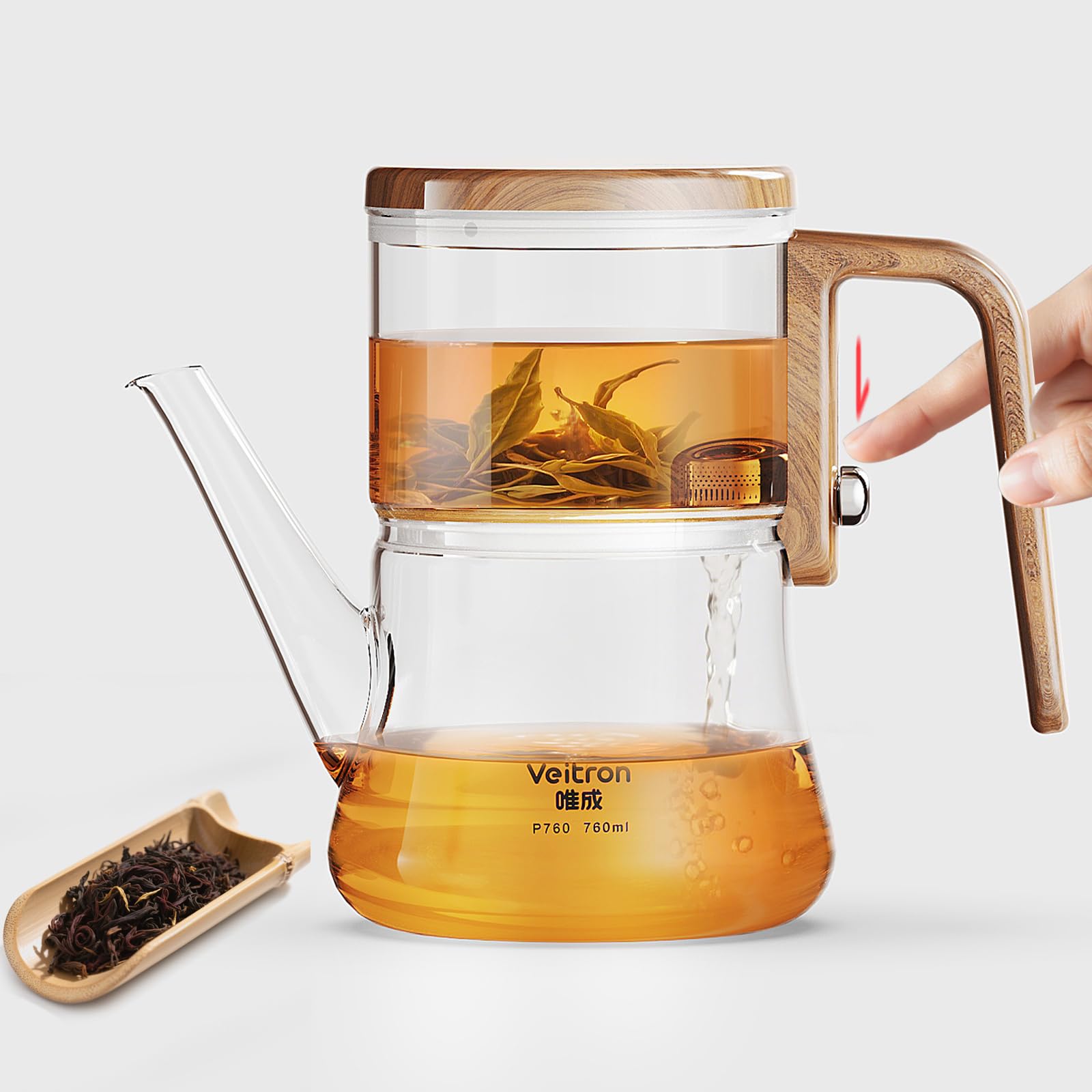 Veitron Enchanti Tea Pot, 760ml (25.68 oz) Glass Teapot with Infuser, Magnetic Water Separation Magic Teapot for Loose Tea