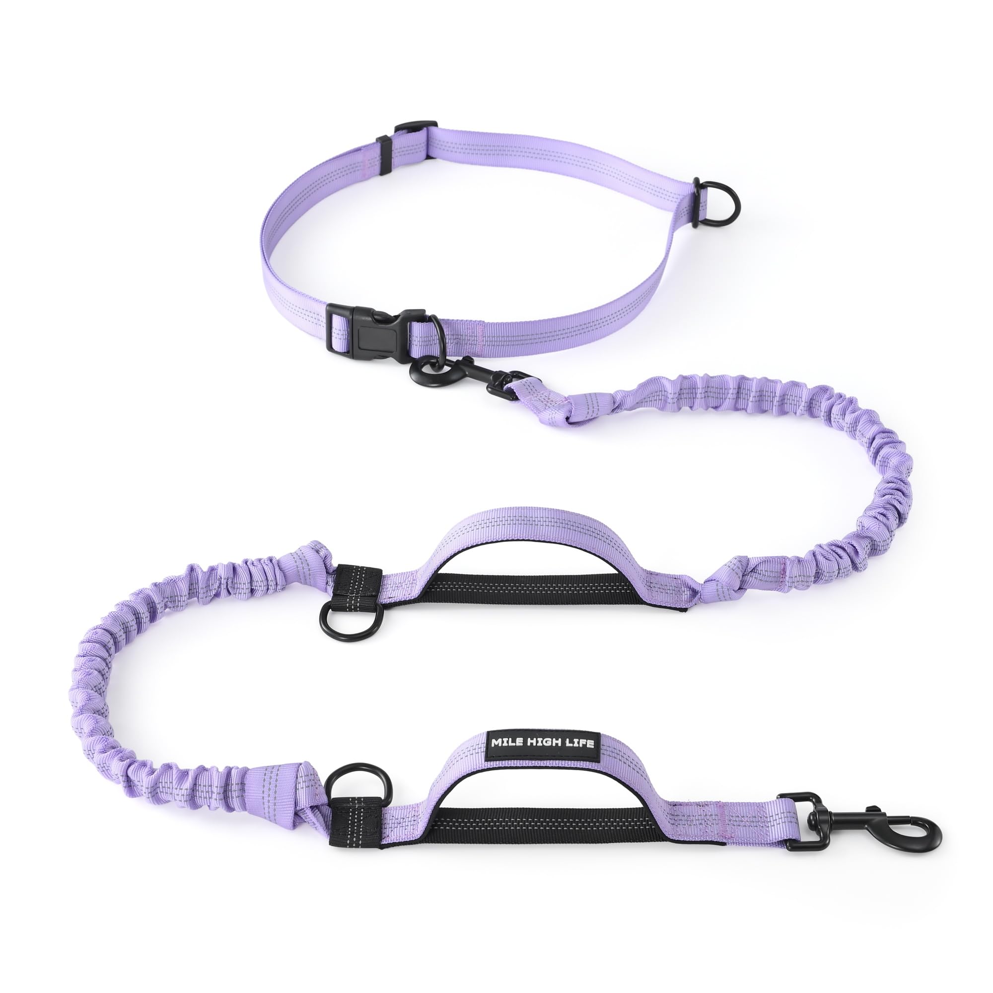 Mile High Life Hands Free Waist Leash for Dog Running Training and Jogging, Adjustable Belt with Double Handle, Reflective Bungee for Medium Large Dogs (Light Purple, 7FT)