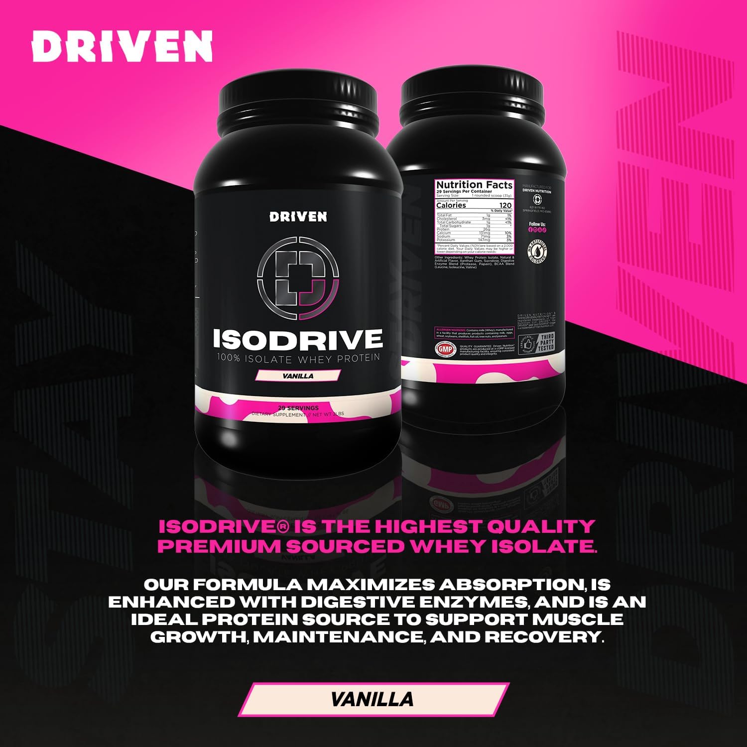 Driven Nutrition IsoDrive Whey Isolate Protein Powder 2lb (Vanilla) – 25g Protein, Enzyme Enhanced for Absorption, Ultra Clean