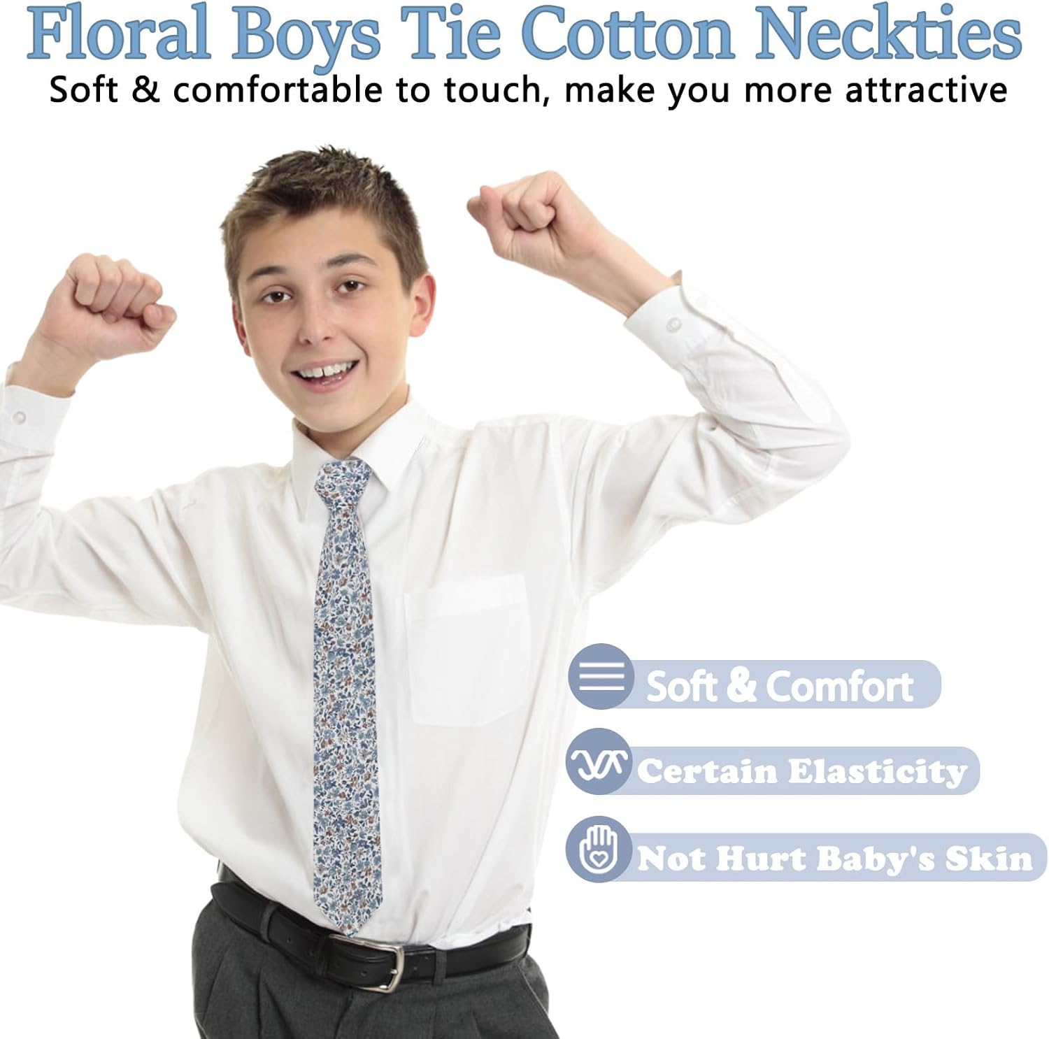 Mantieqingway Floral Ties for Boys, 2.36'' Cotton Kids Tie Neckties for School Uniform Graduation Wedding Party (Age 8-12)
