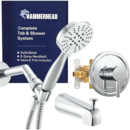HammerHead® Solid Metal Tub Shower Faucet Set with Valve, Trim, Handheld Shower Head, 7" Arm, 72" Hose and Spout – Bathtub Faucet Set for Bathroom Remodel, Complete Shower Tub System - Chrome