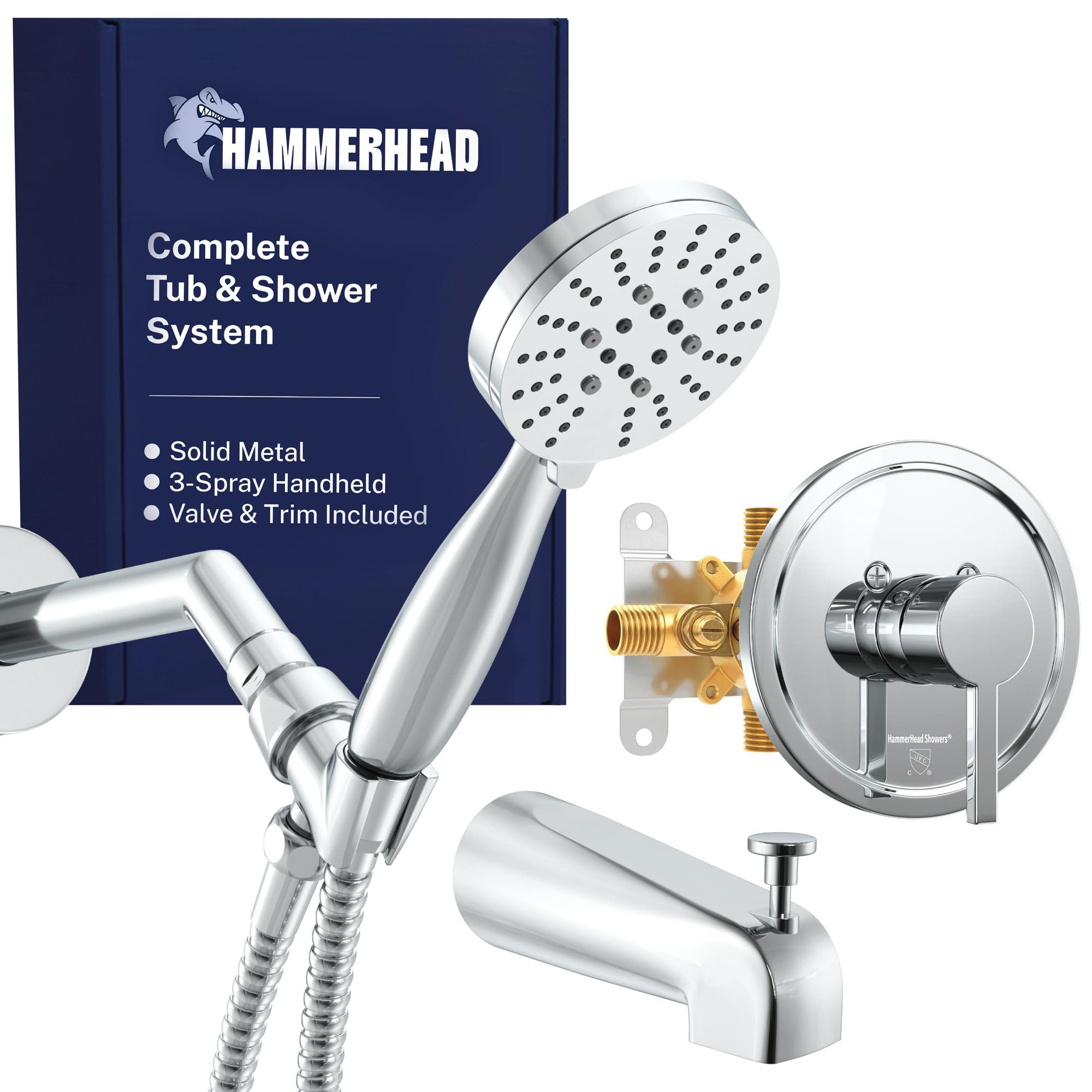 HammerHead® Solid Metal Tub Shower Faucet Set with Valve, Trim, Handheld Shower Head, 7" Arm, 72" Hose and Spout – Bathtub Faucet Set for Bathroom