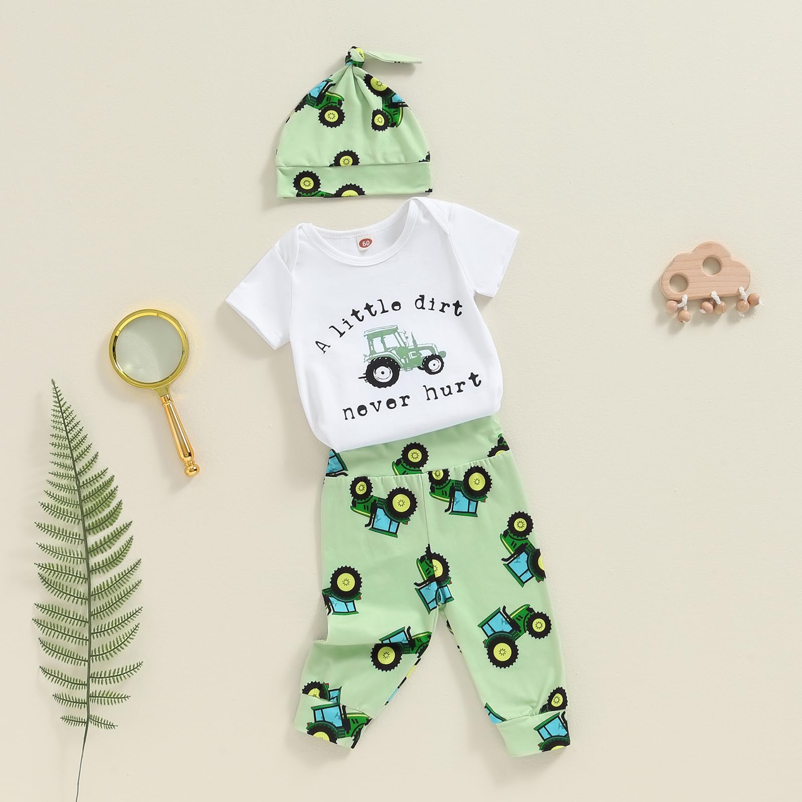 Newborn Baby Boy Tractor Clothes Cotton Funny Letter Bodysuit+Truck Leggings Hat Farm Baby Shower Coming Home Outfit (Green, newborn)