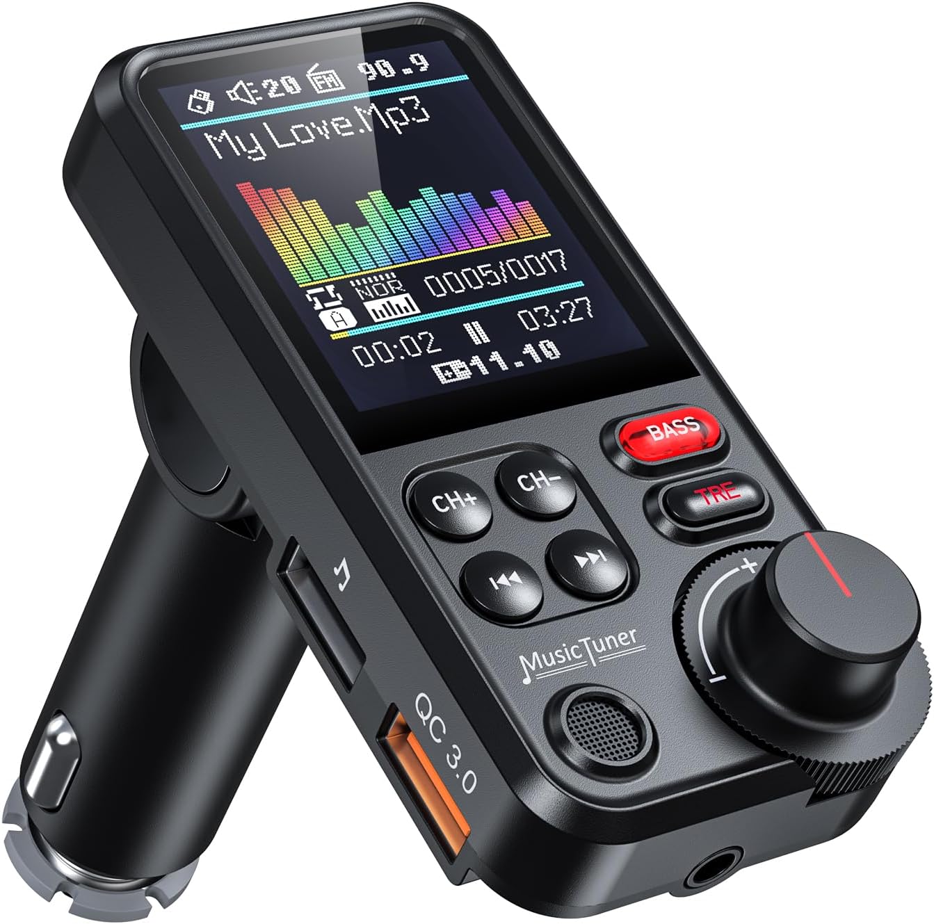 LENCENT Bluetooth 5.0 FM Transmitter for Car with 1.8" Color Screen, HiFi Music Player Treble&Bass Booster, QC3.0 Fast Charger, Wireless Microphone Support Hands-Free Calls, AUX Car Radio Adapter
