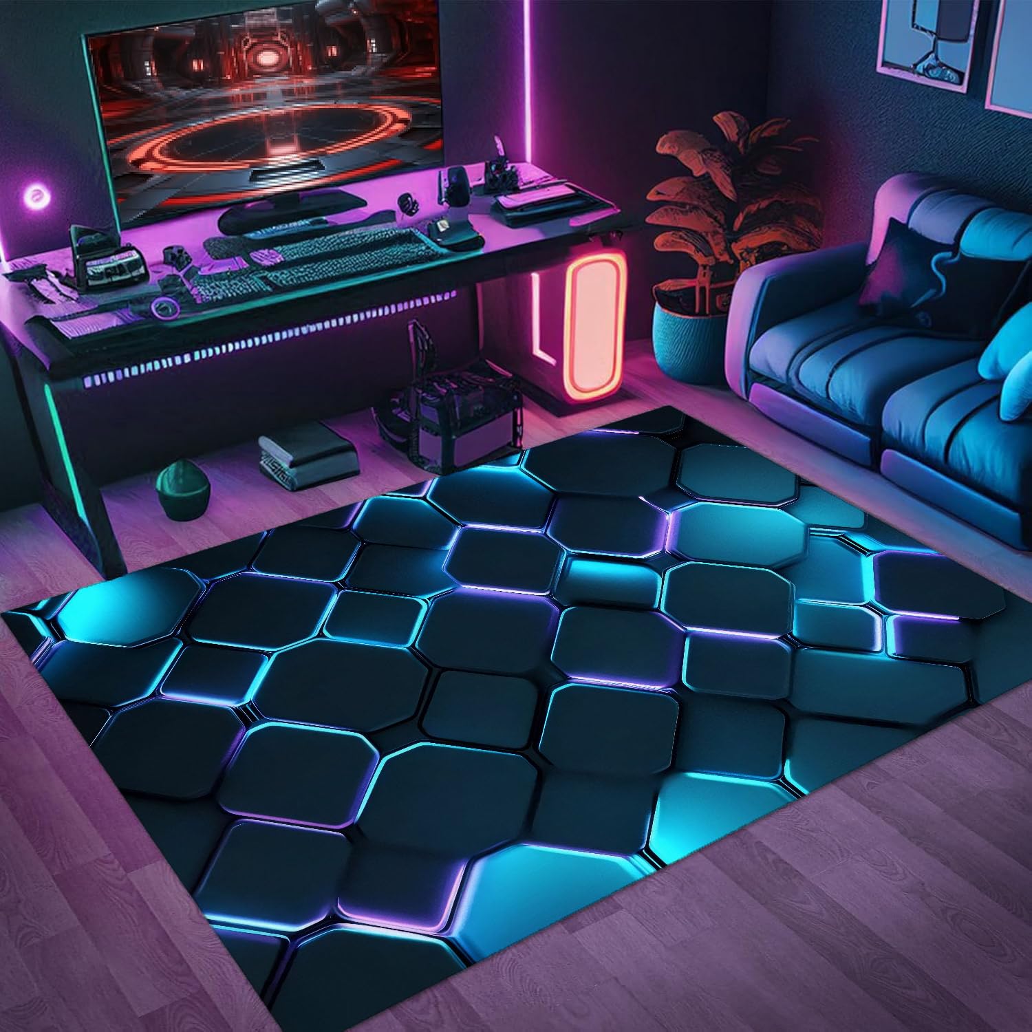 Alfombra Gamer Habitacion Juvenil, Estilo Tecnológico Moderno Estampado 3D Geométrico Neón, Alfombra Franela Antideslizante, Suave Y Lavable, Decoración Dormitorio Juvenil Niños (Color 6,160x230cm)