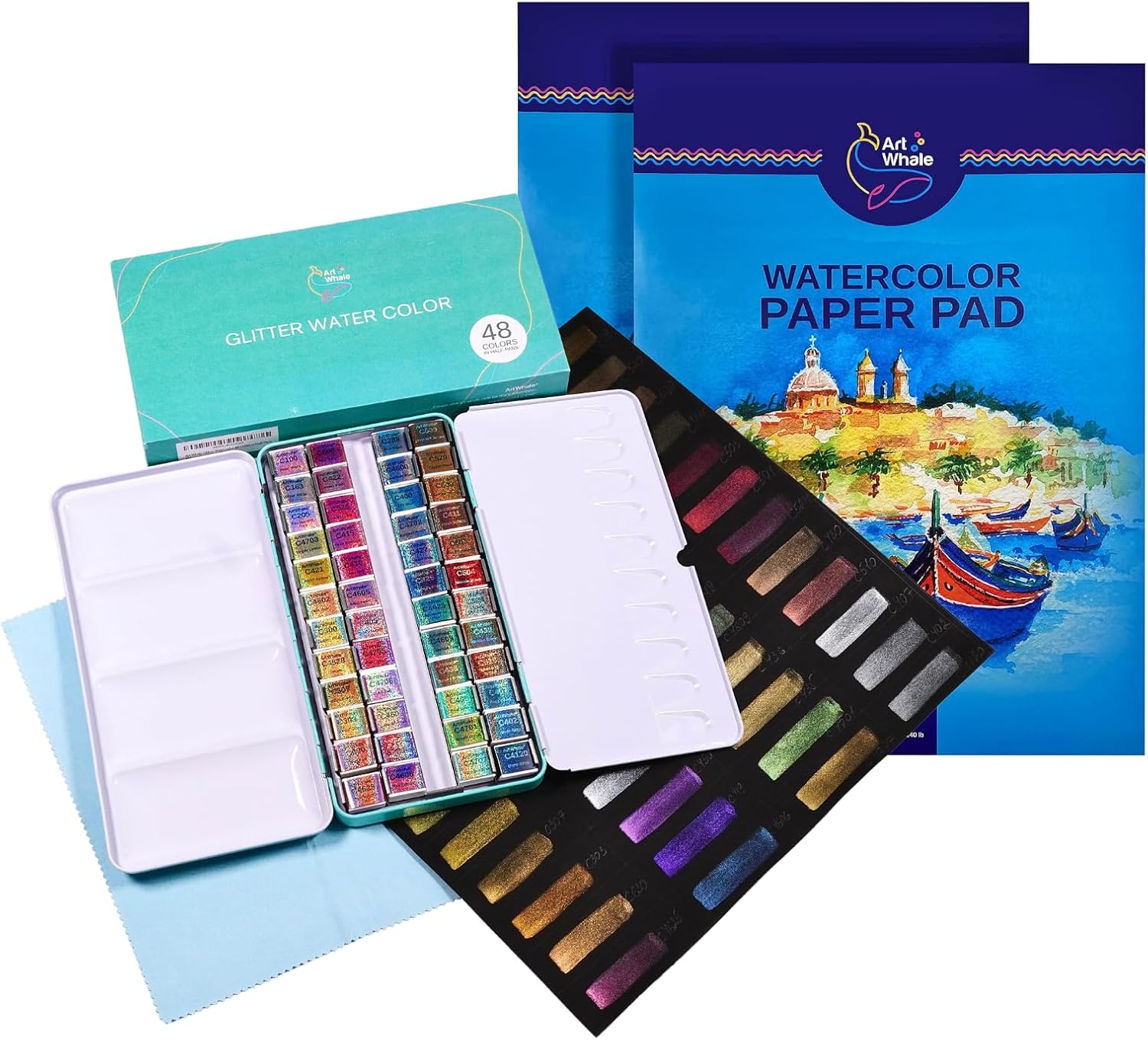 Metallic Watercolor Bundle - 48 Metallic Colors with Waterbrush + 2 Watercolor Paper Pads (24 Sheets Each, 300 GSM) - Professional Art Supplies for Painting and Drawing